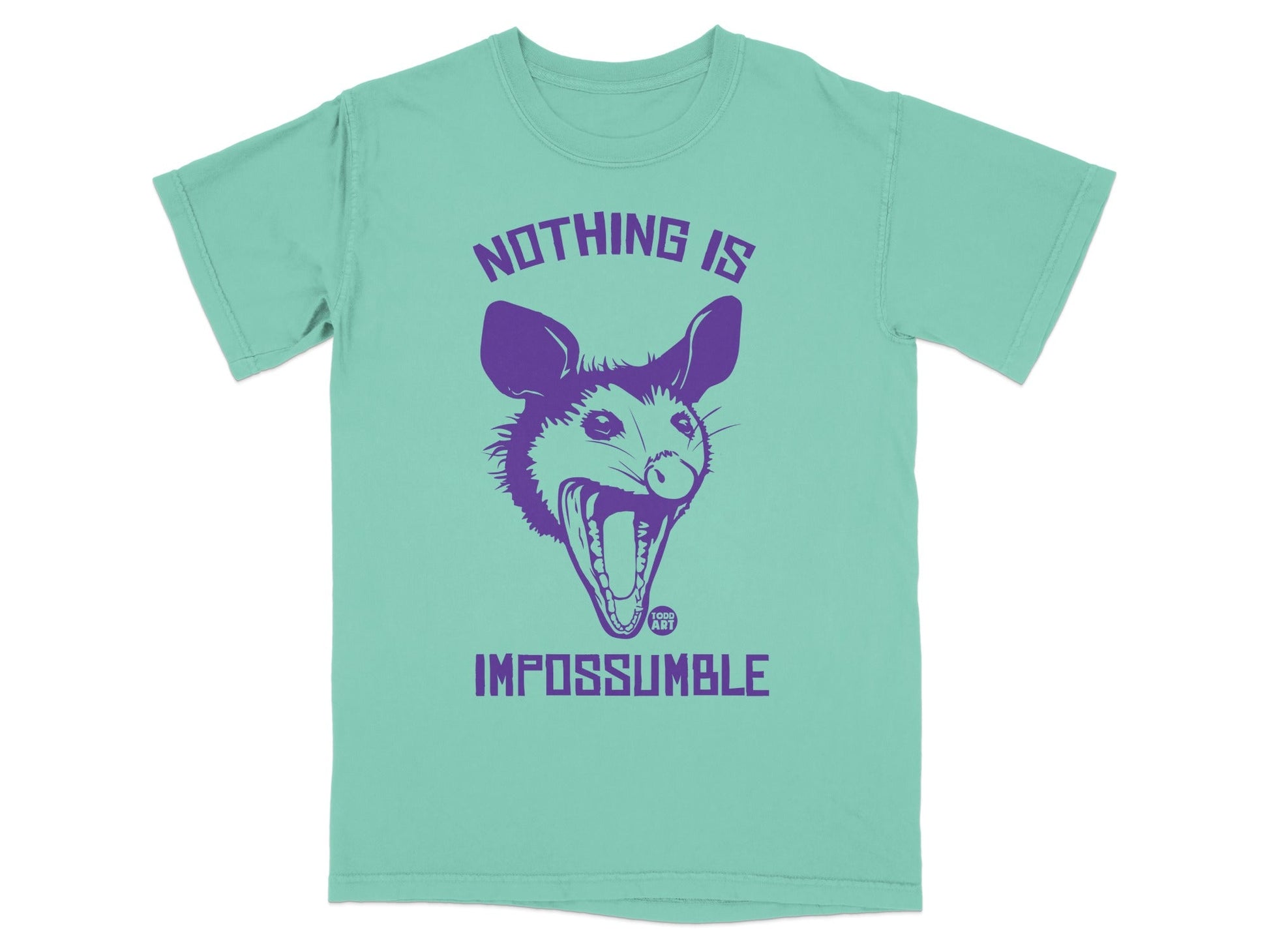 Opossum head with open mouth and text "NOTHING IS IMPOSSUMBLE".
