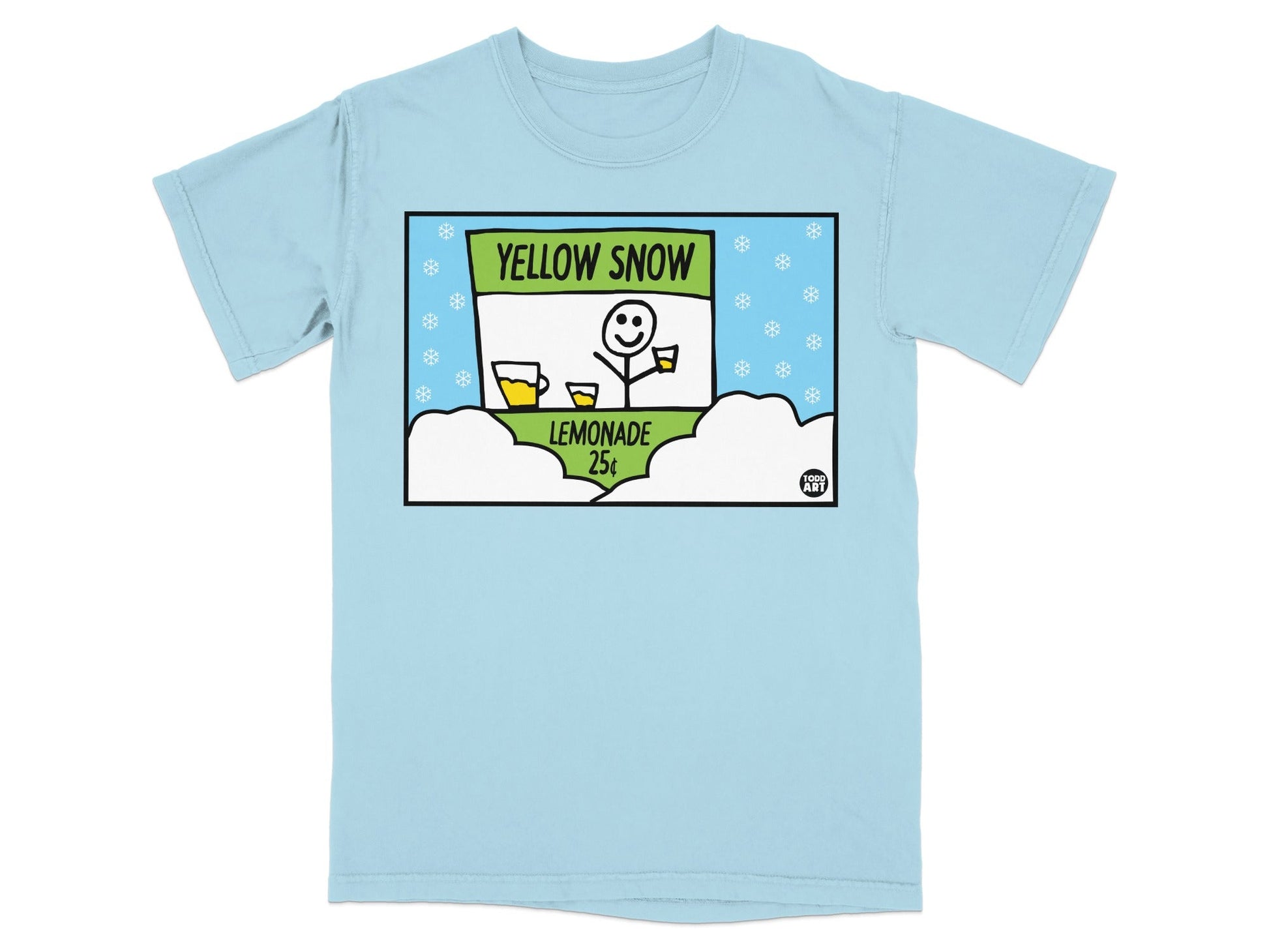 Light blue t-shirt with cartoon lemonade stand and "Yellow Snow" text.