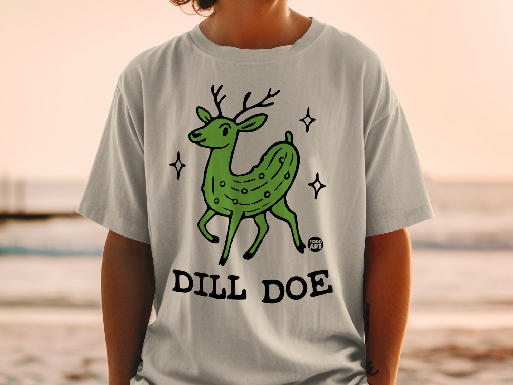 Green deer with pickle body and "DILL DOE" text.