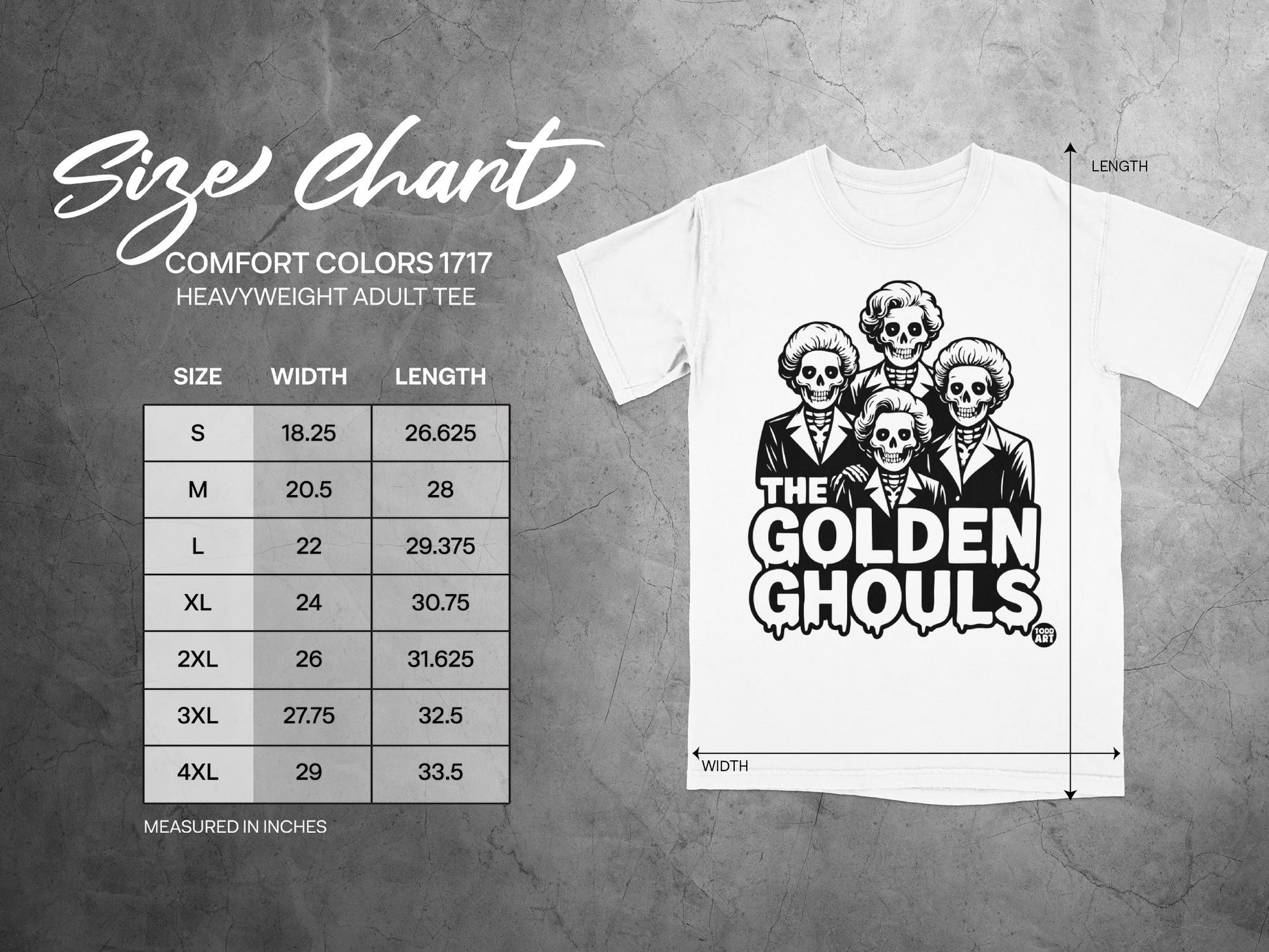 Comfort Colors 1717 heavyweight adult tee size chart with Golden Ghouls graphic.