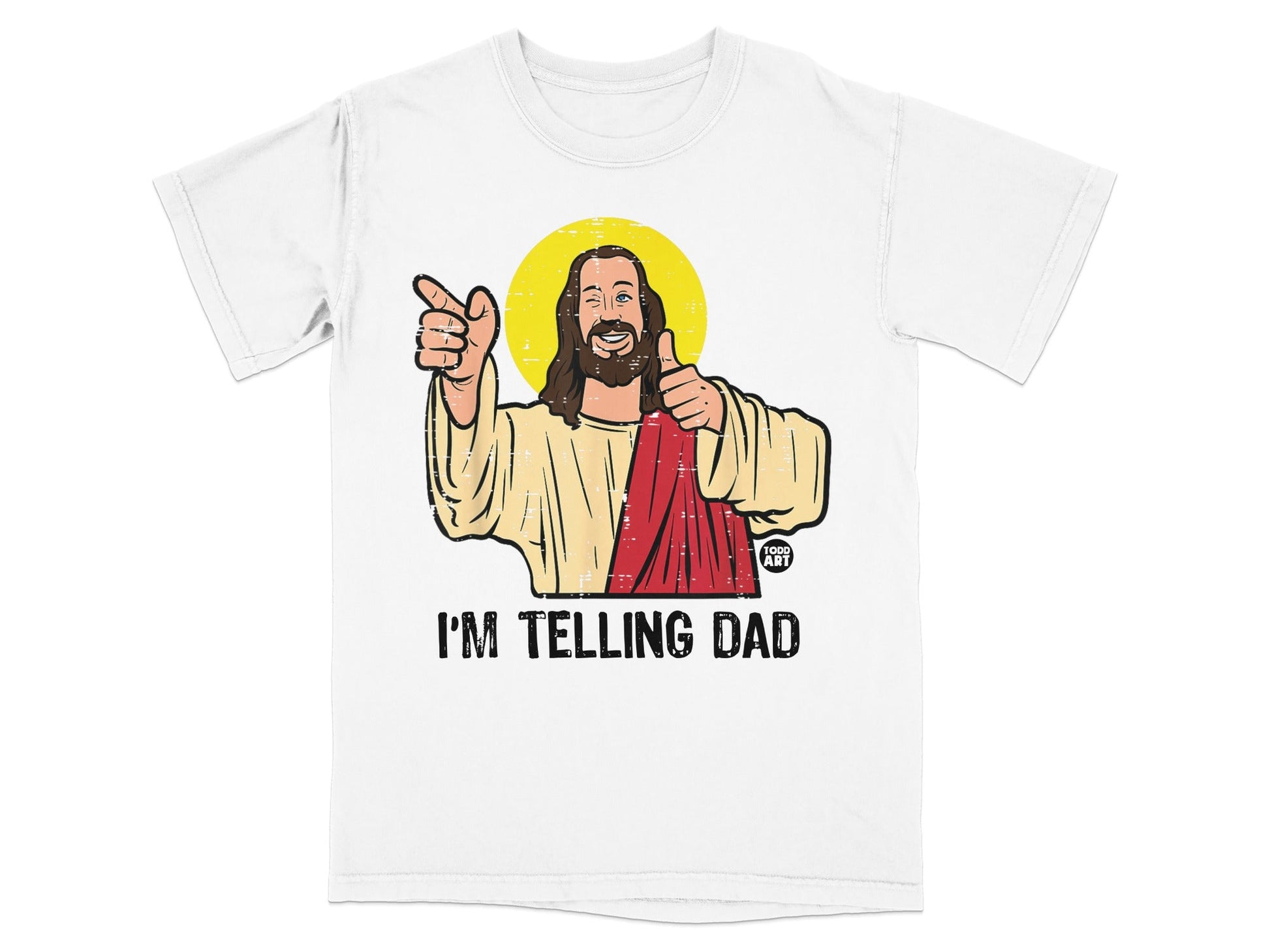 T-shirt with Jesus giving a thumbs up and pointing, text "I'M TELLING DAD".