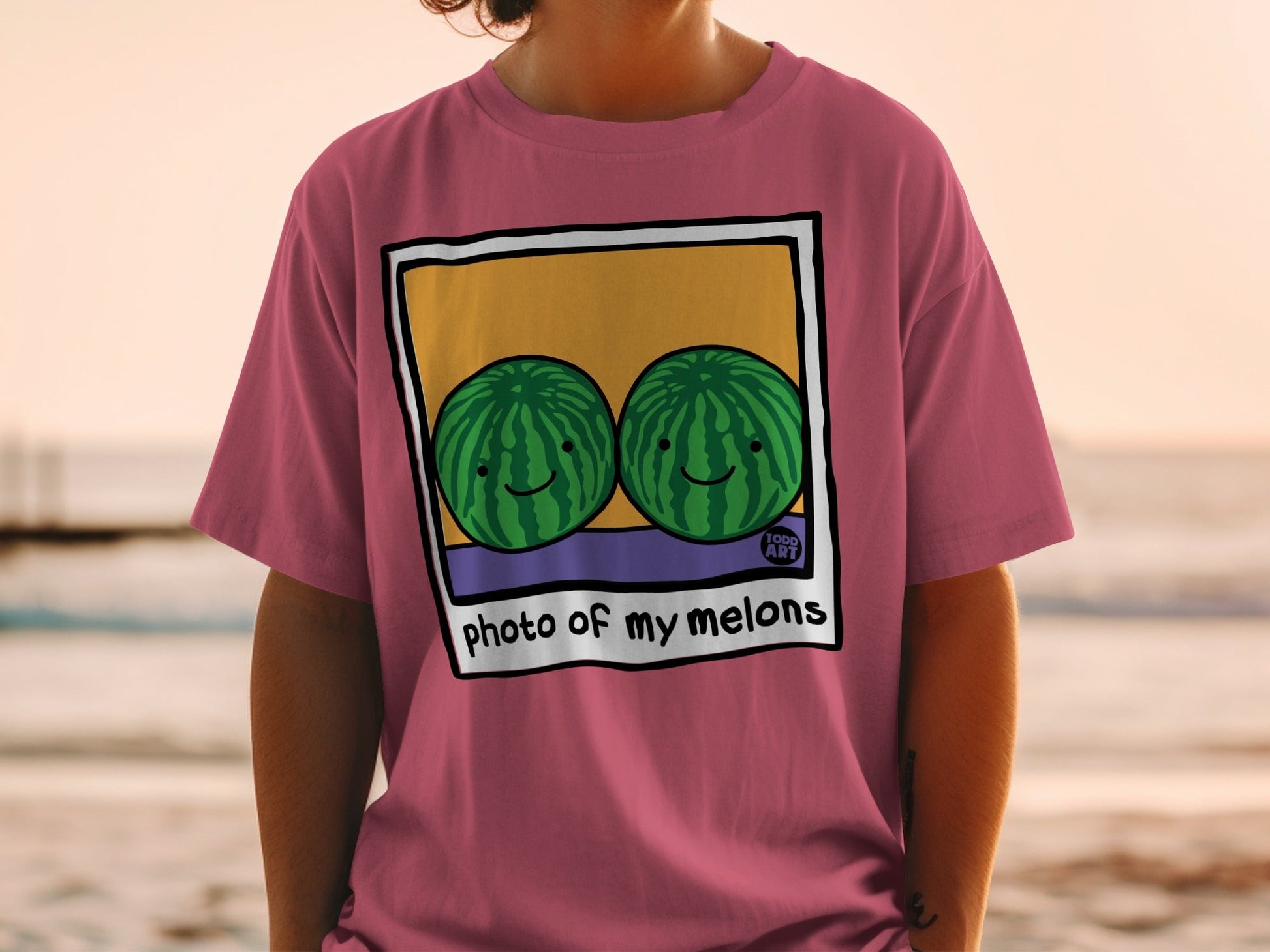 T-shirt with cartoon watermelons and text "photo of my melons".