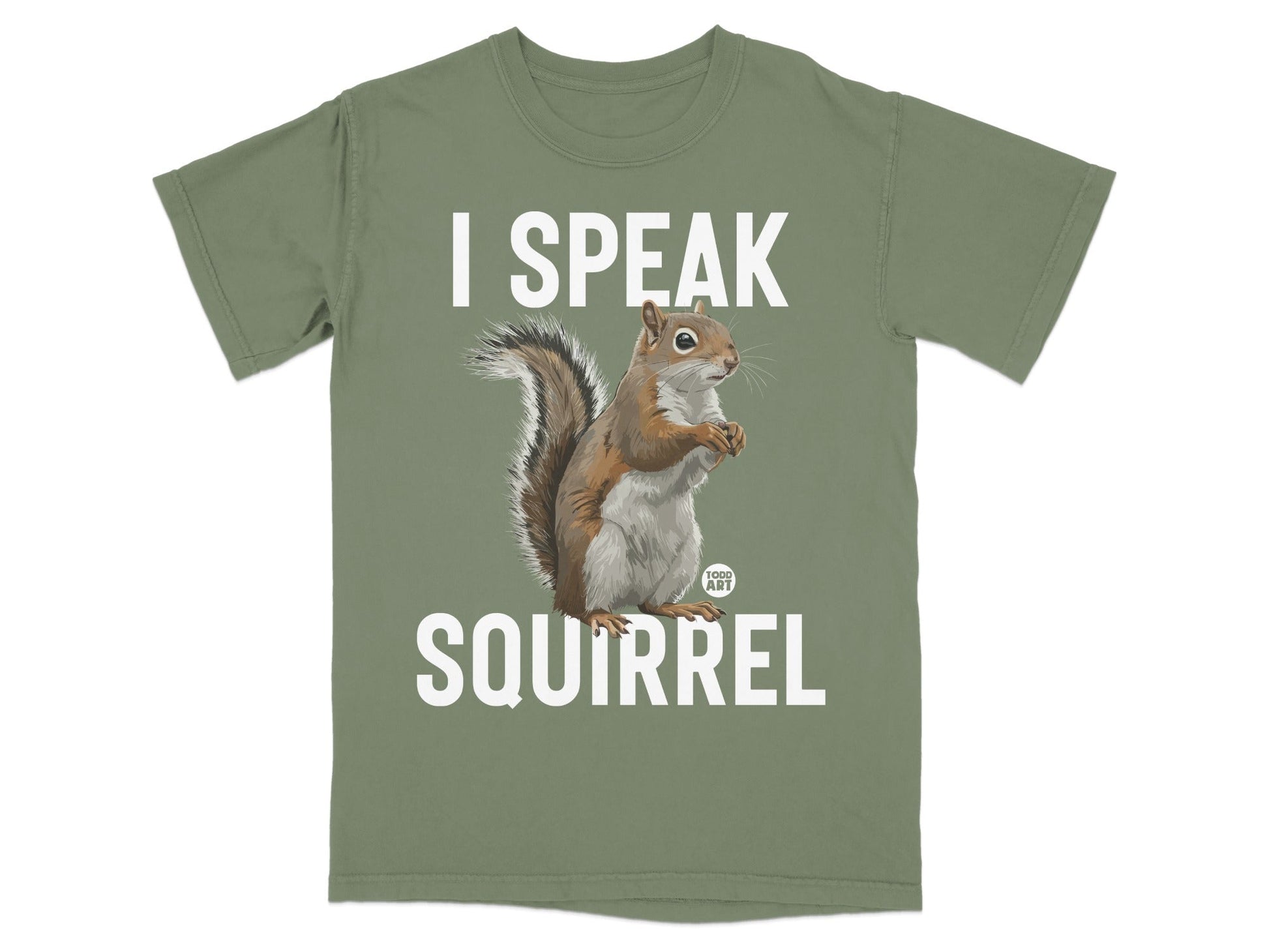 Green t-shirt with a squirrel and "I Speak Squirrel" text.