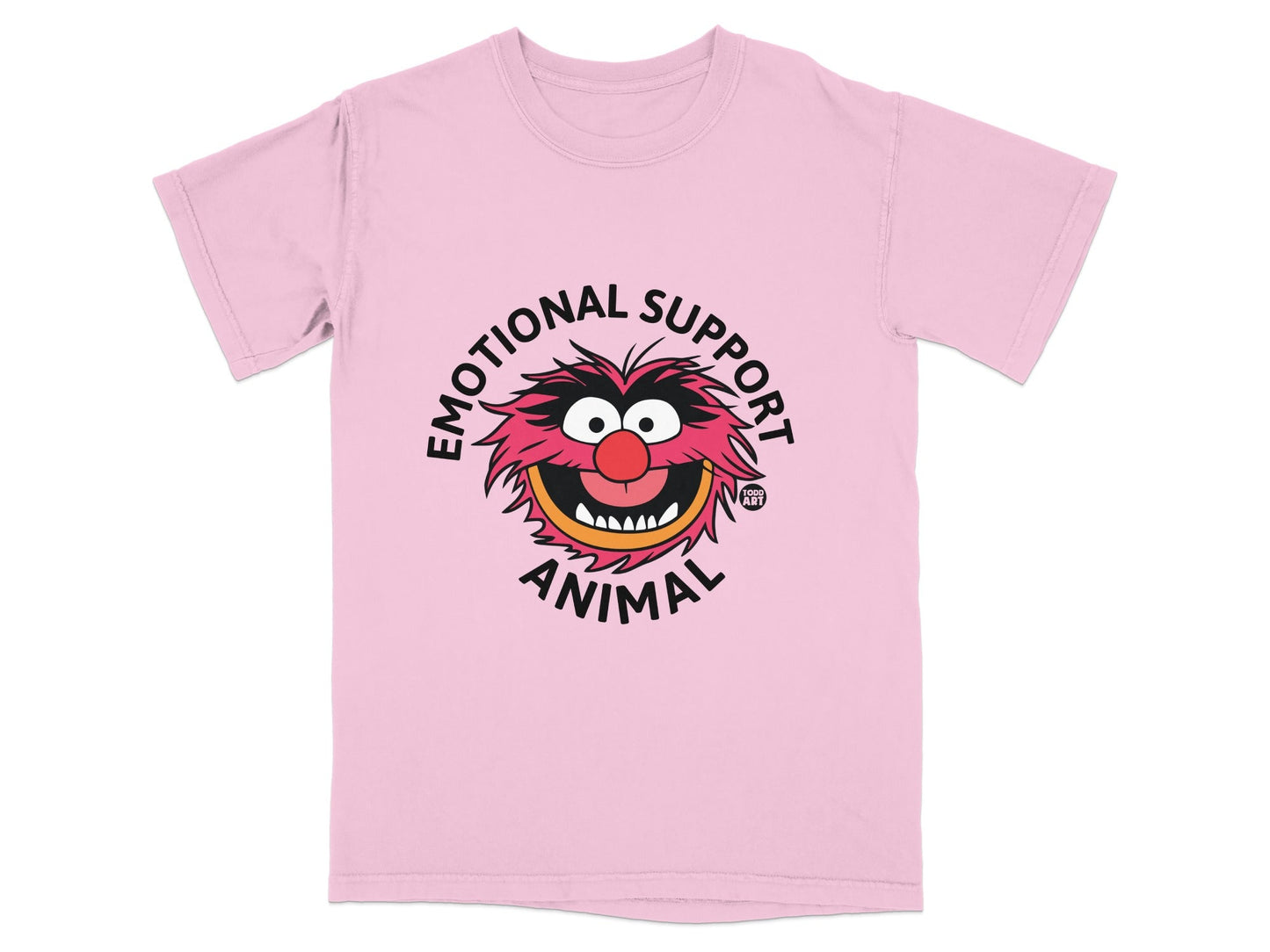 Pink t-shirt with Animal from The Muppets and "Emotional Support Animal" text.