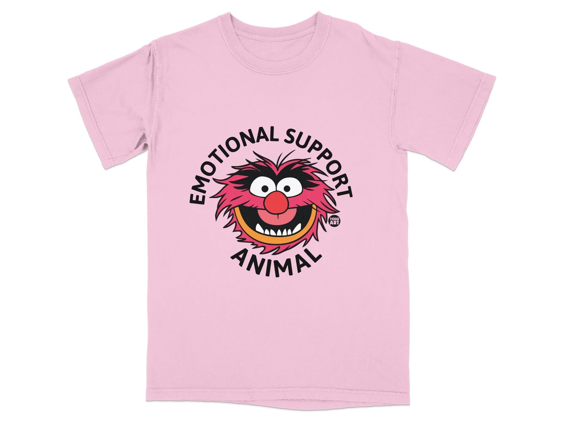 Pink t-shirt with Animal from The Muppets and "Emotional Support Animal" text.
