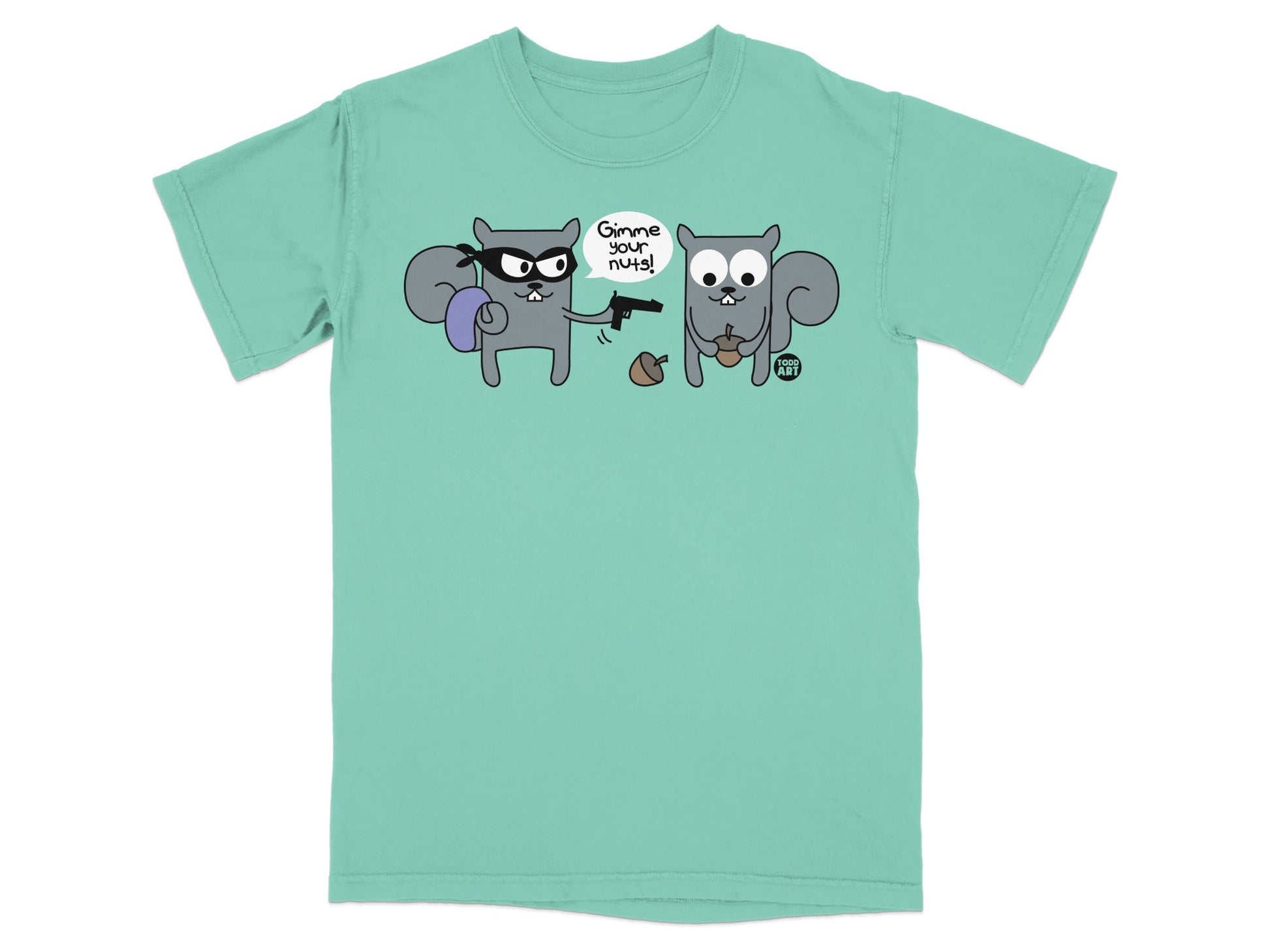 Two cartoon squirrels, one robbing the other with a gun.