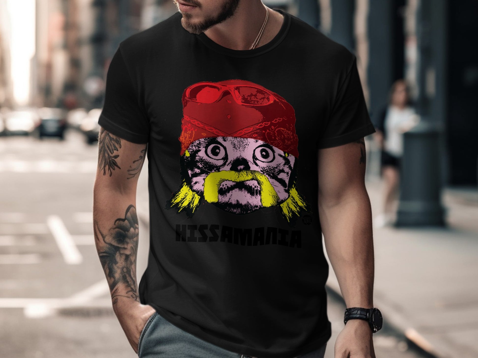 Hissamania Graphic Cat with Red Cap and Yellow Beard Tee