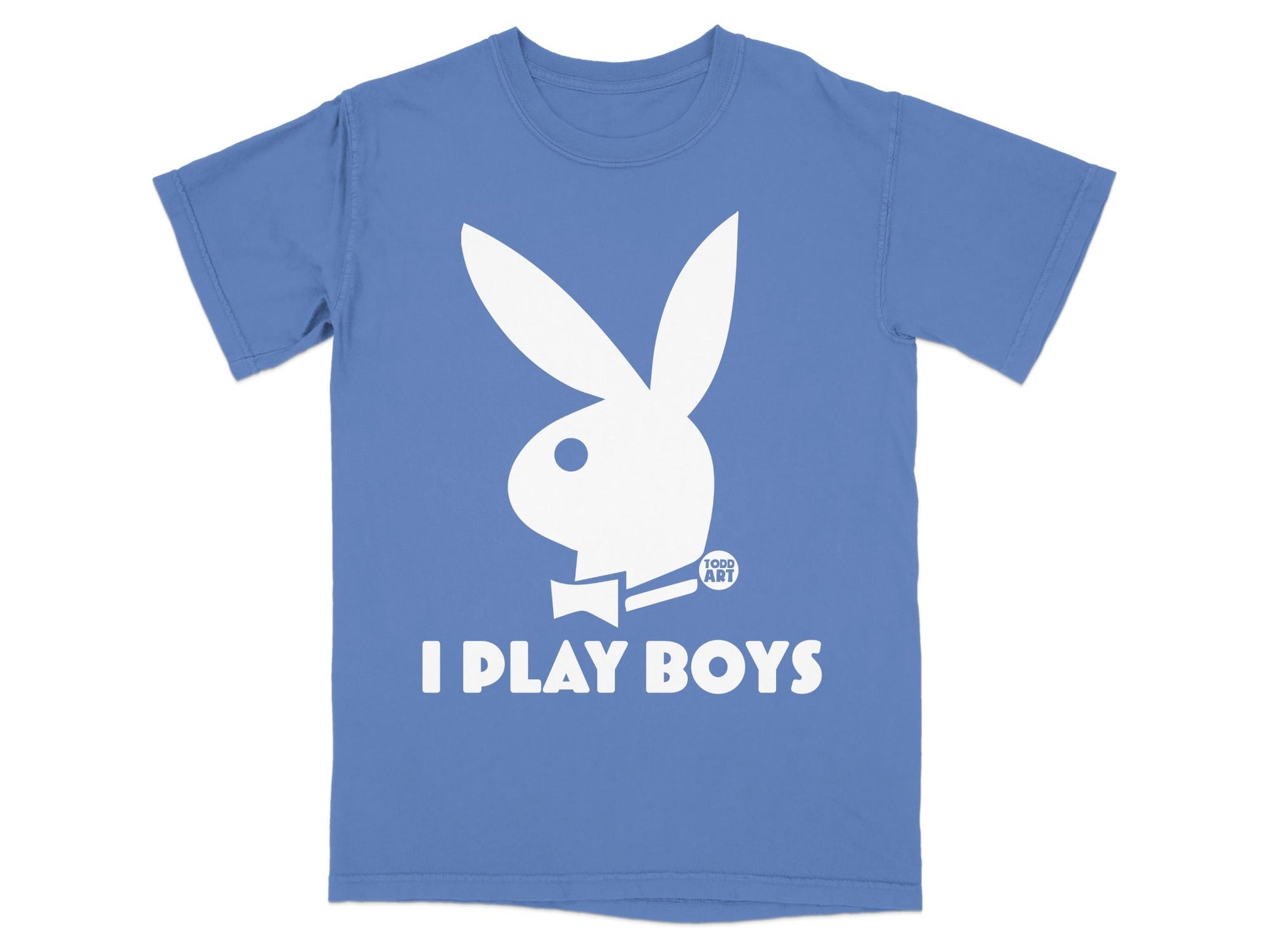 Blue t-shirt with white Playboy bunny logo and "I PLAY BOYS" text.