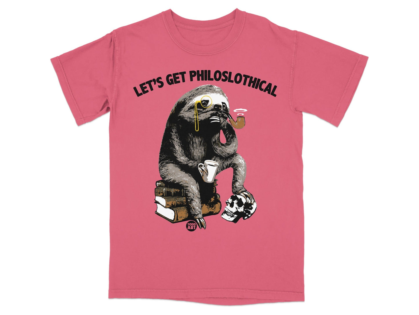 Sloth with monocle and pipe sits on books with coffee and skull.