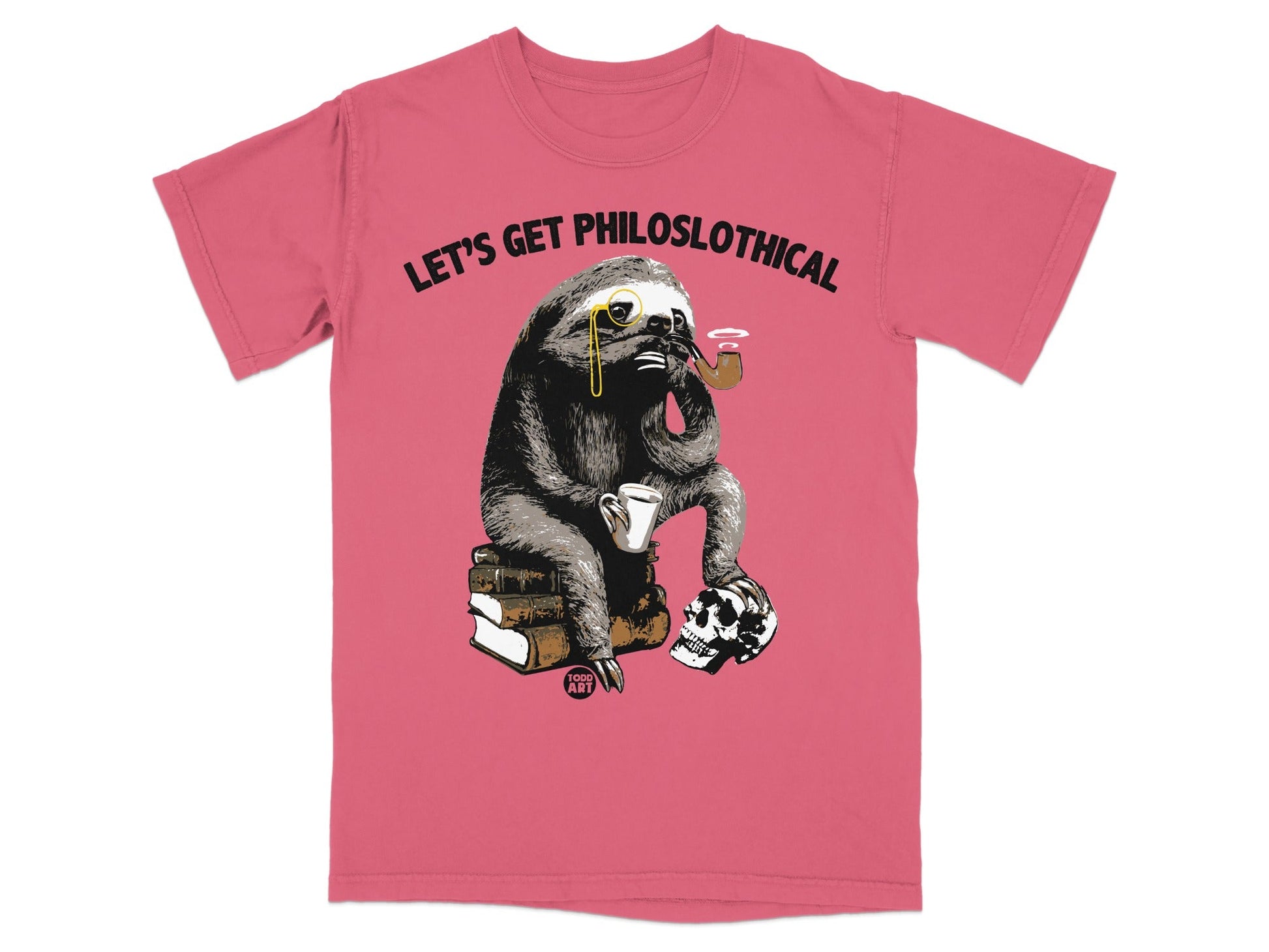 Sloth with monocle and pipe sits on books with coffee and skull.