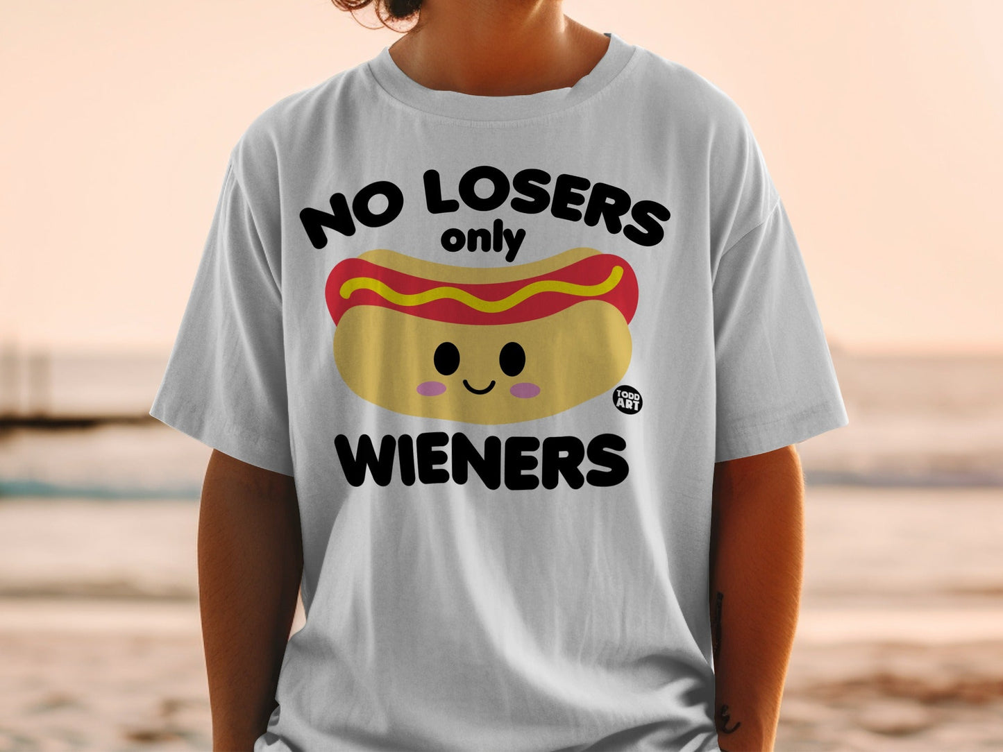 Funny Hot Dog T-Shirts, Cute Wiener Graphic Tee, No Losers Only Wieners Shirt, Humorous Food Lover Apparel, Kawaii Hotdog Design T-Shirts