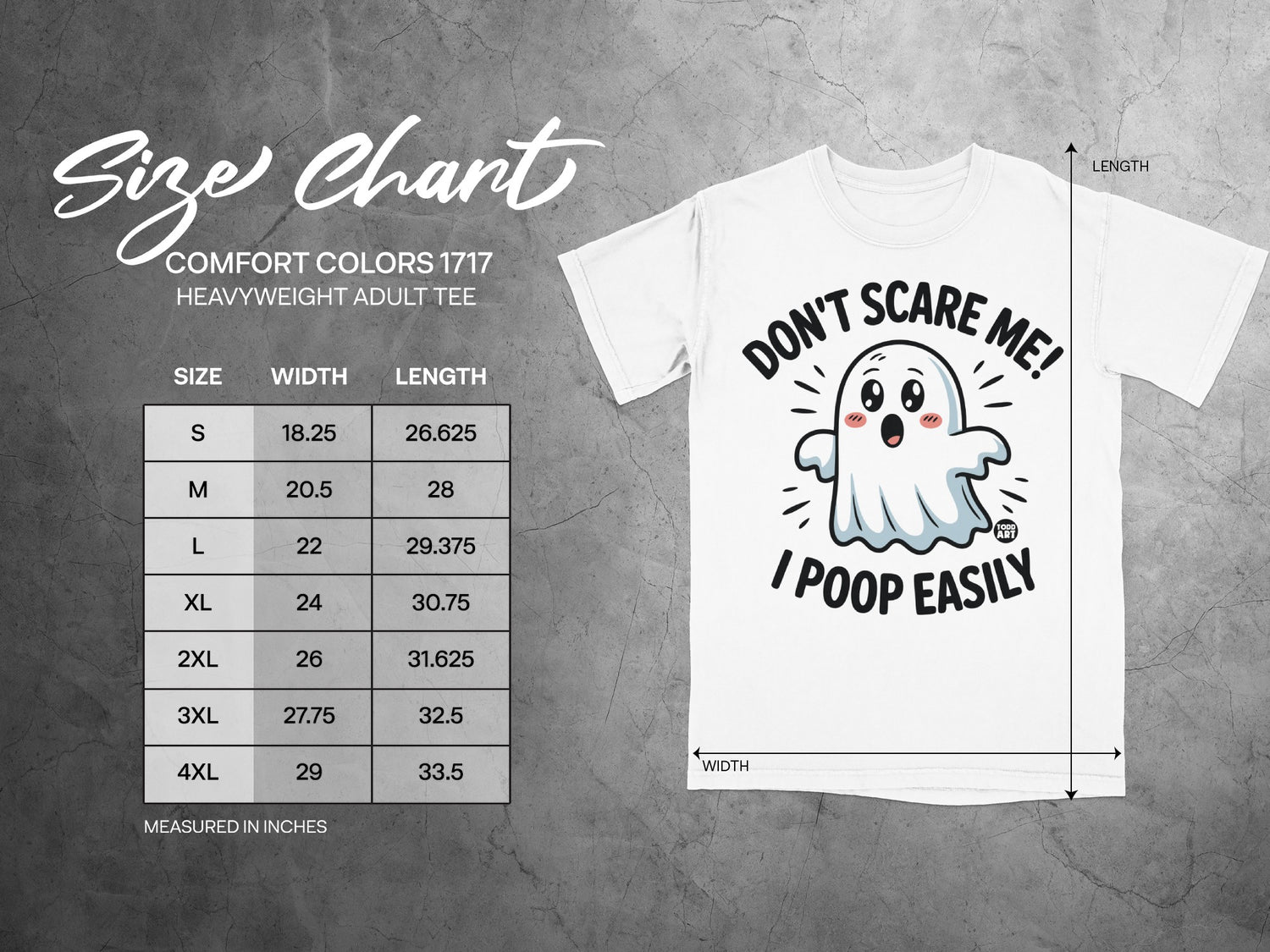Comfort Colors 1717 size chart and t-shirt with "Don't Scare Me! I Poop Easily" text.