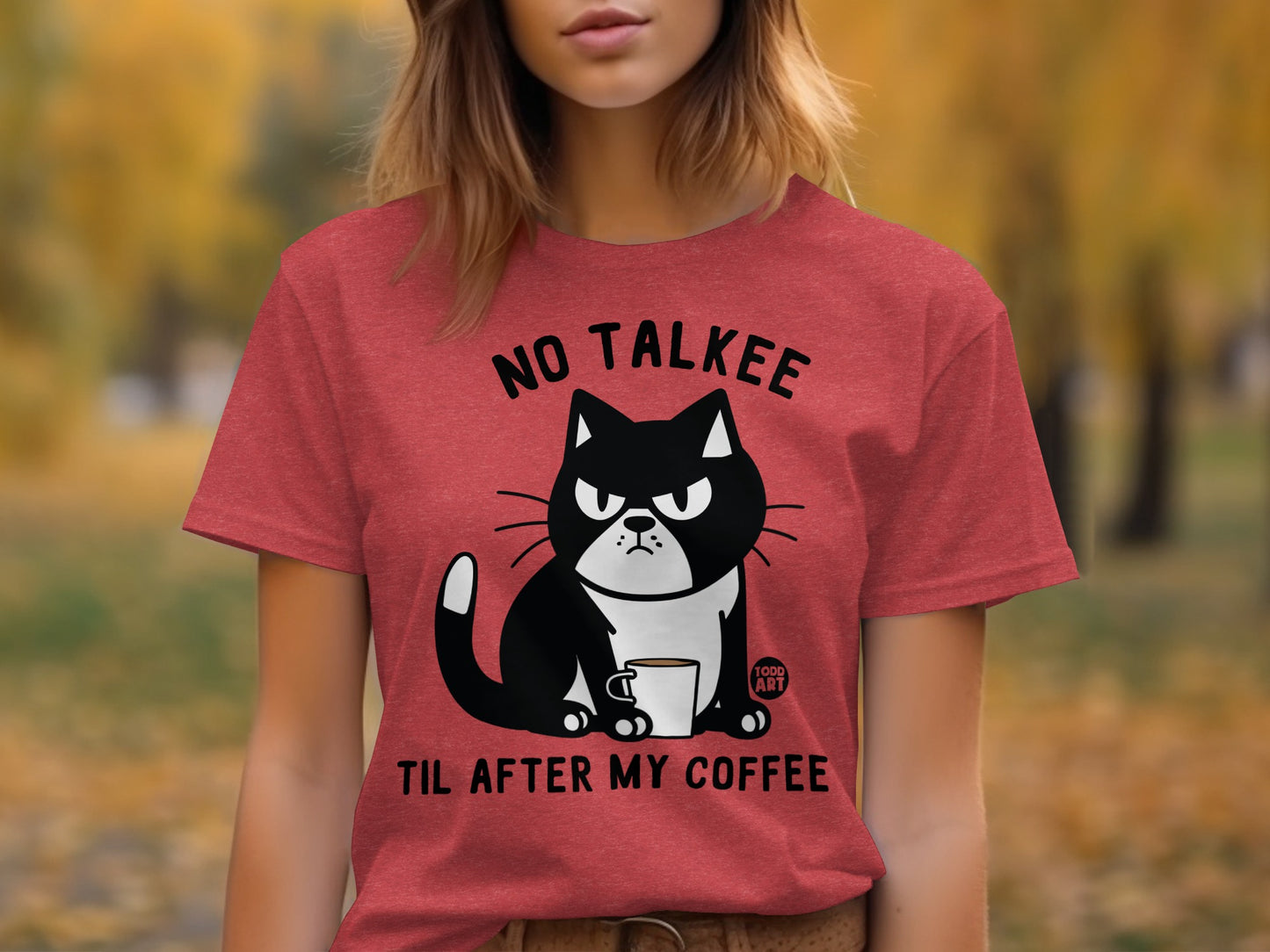 No Talkee Til After My Coffee Cat Design T-Shirt