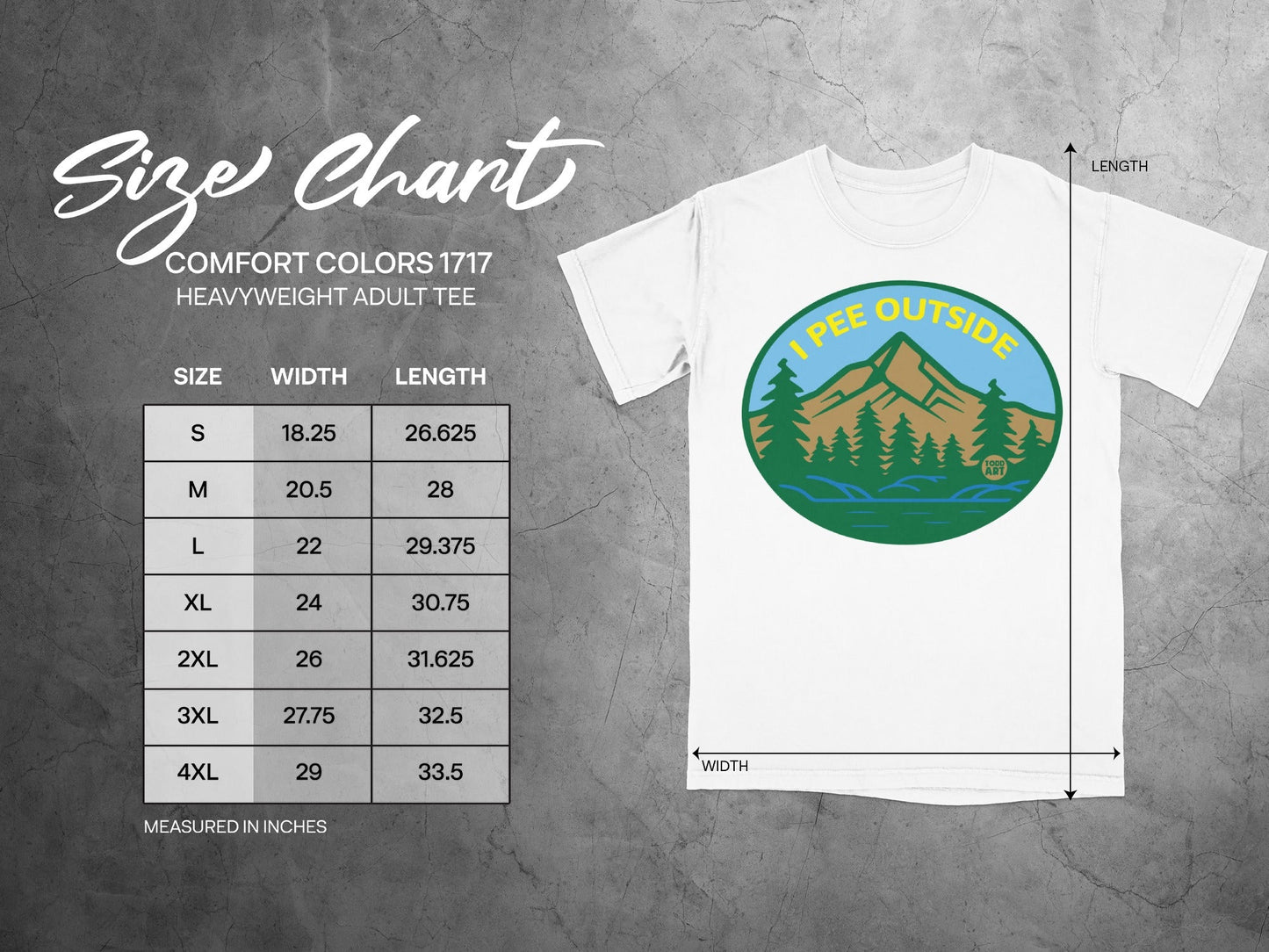 Size chart for Comfort Colors 1717 heavyweight adult tee with illustration.