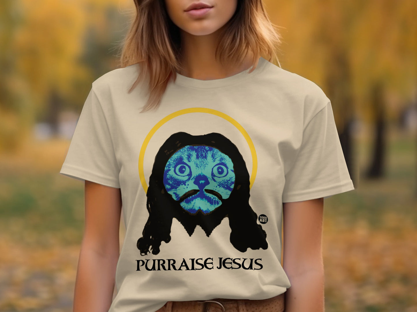 Purraise Jesus Cat with Halo Graphic Tee Shirt