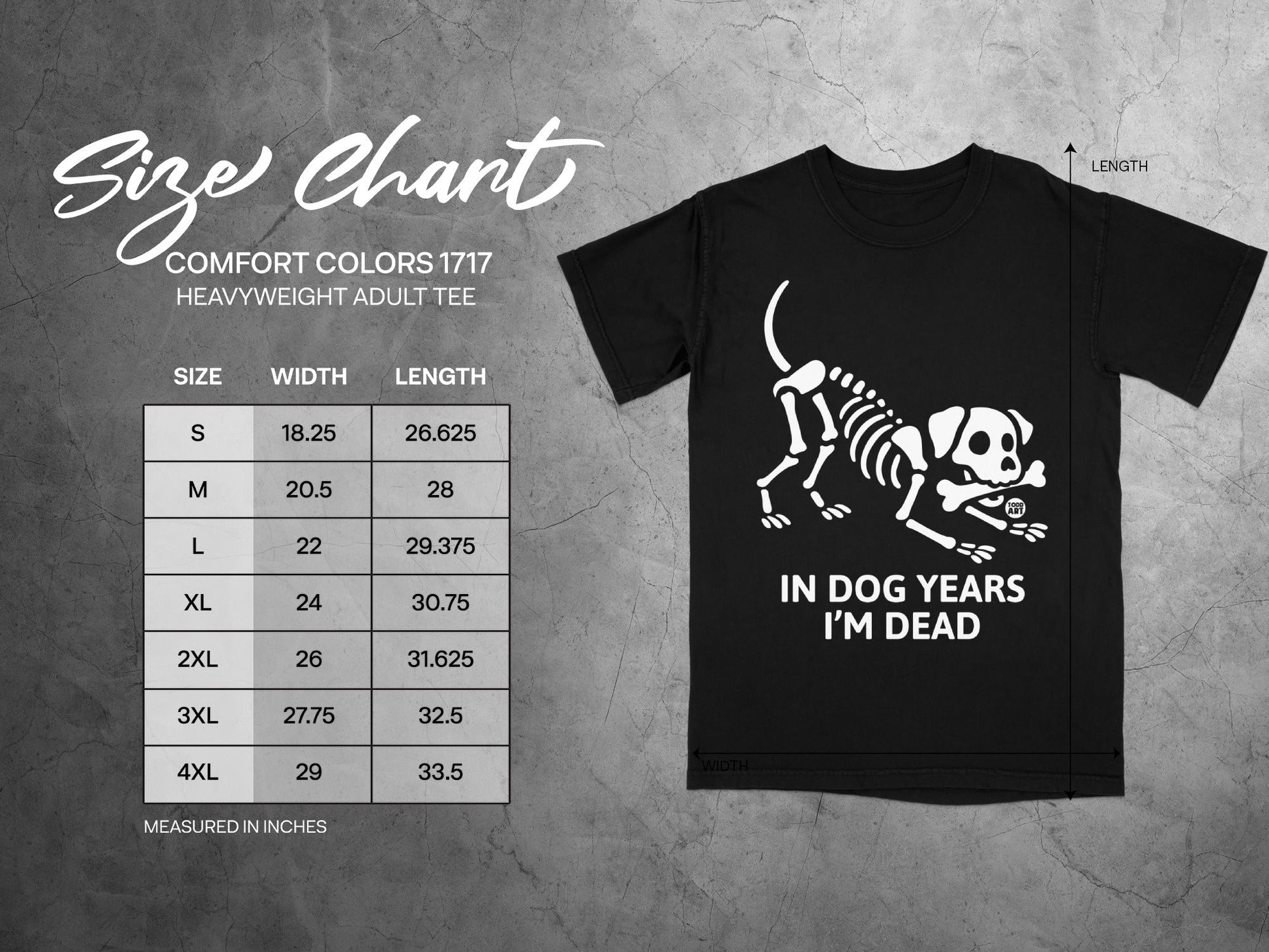 Size chart for Comfort Colors 1717 heavyweight adult tee.