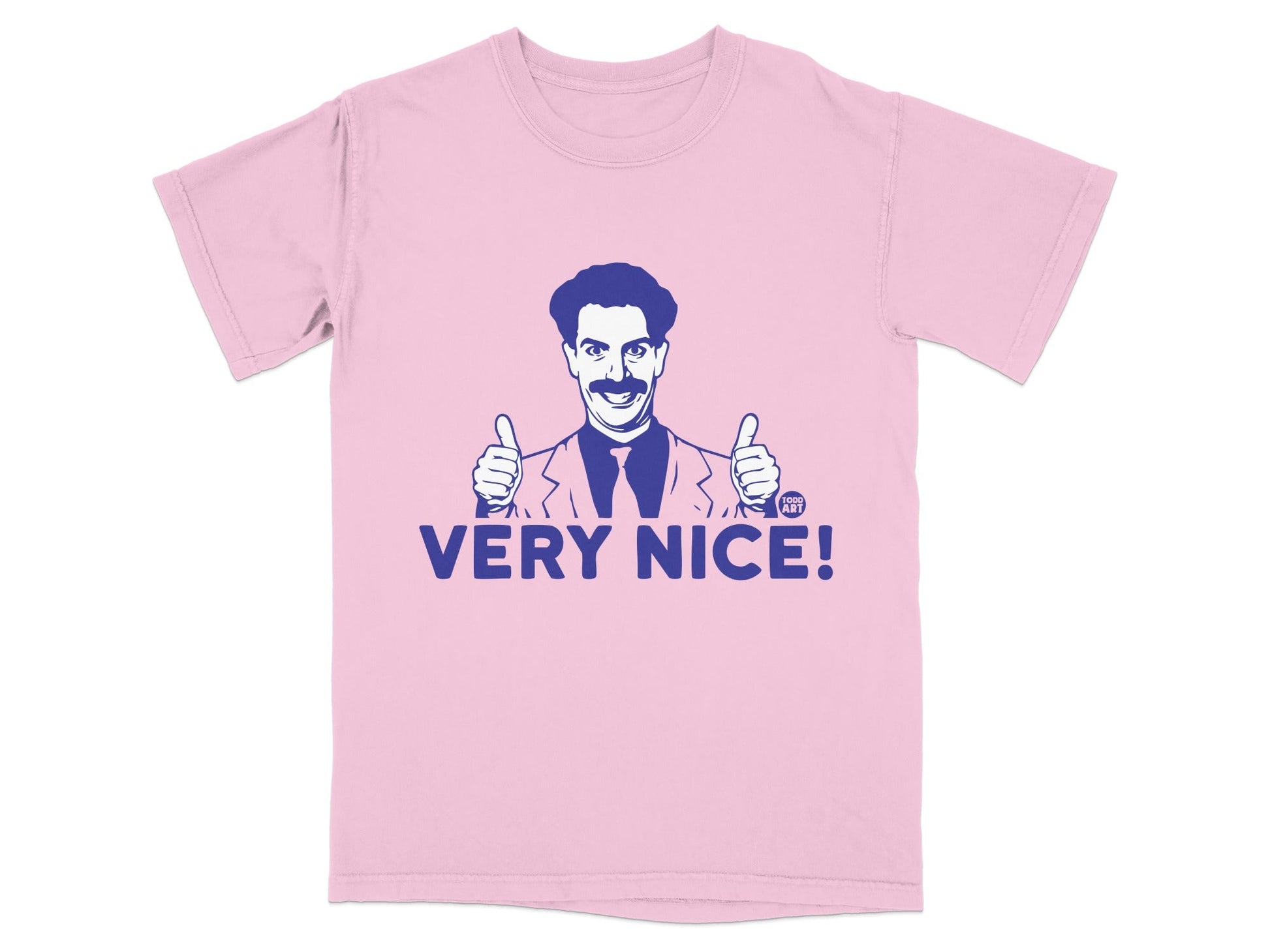 Pink t-shirt with Borat giving two thumbs up and "VERY NICE!" text.