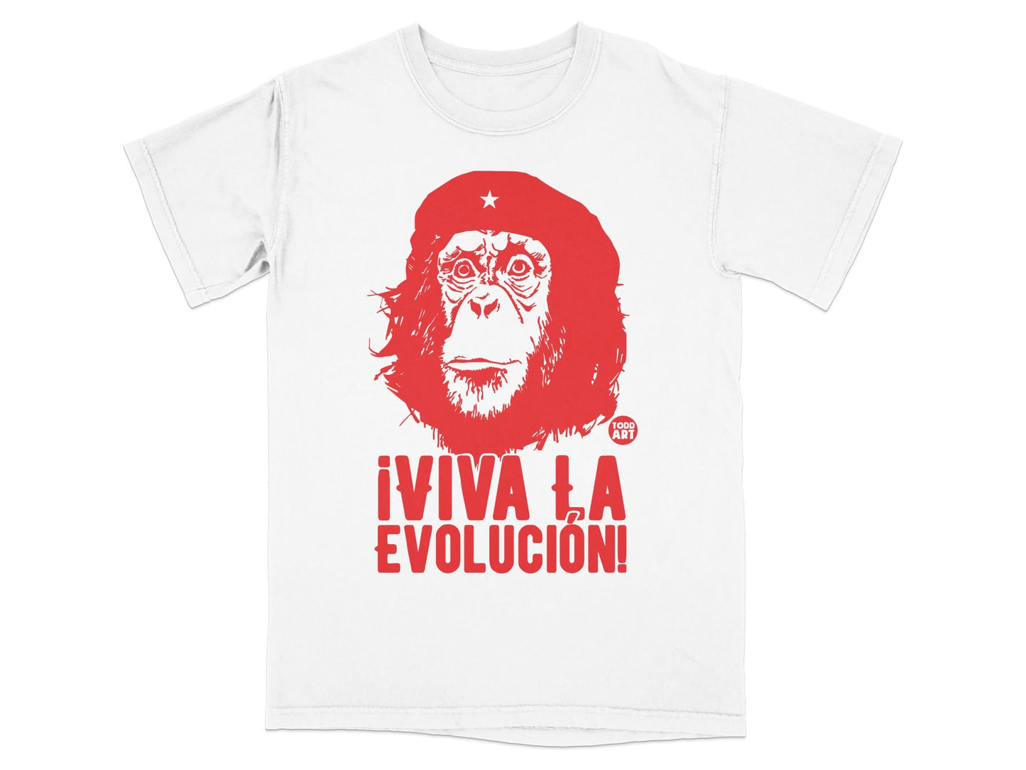 Red t-shirt with monkey graphic and "¬°VIVA LA EVOLUCI√ìN!" text.