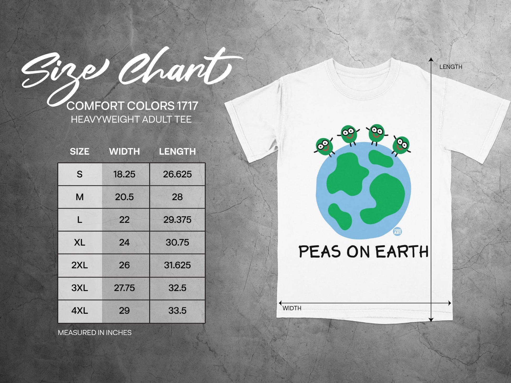 Peas on Earth Heavyweight Adult Tee Size Chart