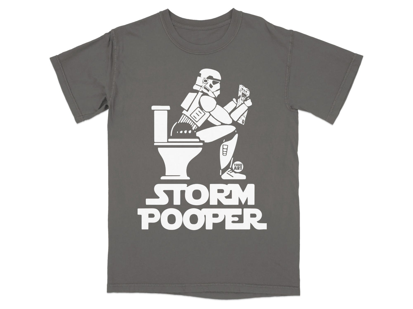 Stormtrooper sitting on a toilet, reading, with "STORM POOPER" text.