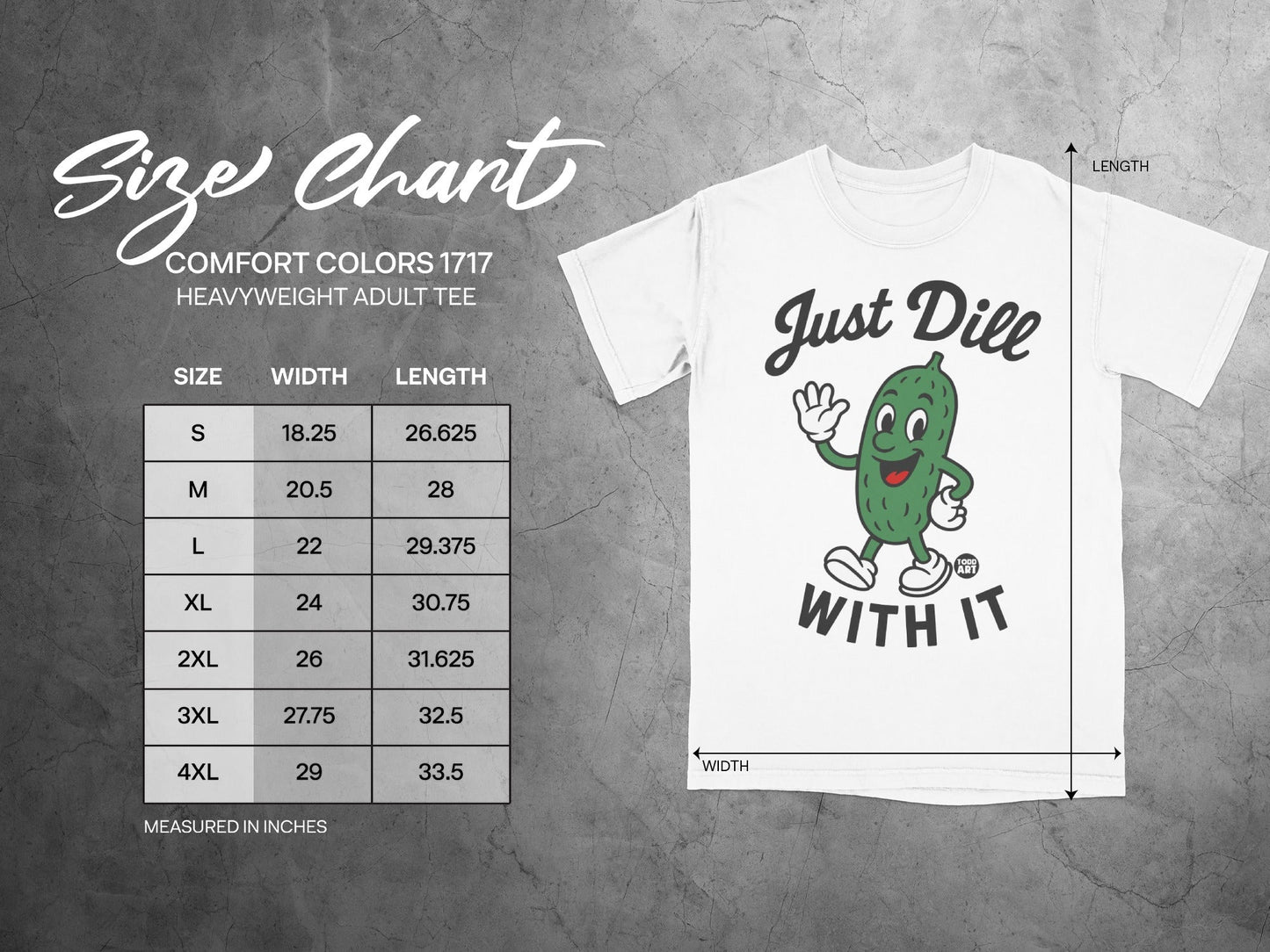 Size chart for Comfort Colors 1717 Heavyweight Adult Tee with measurements.