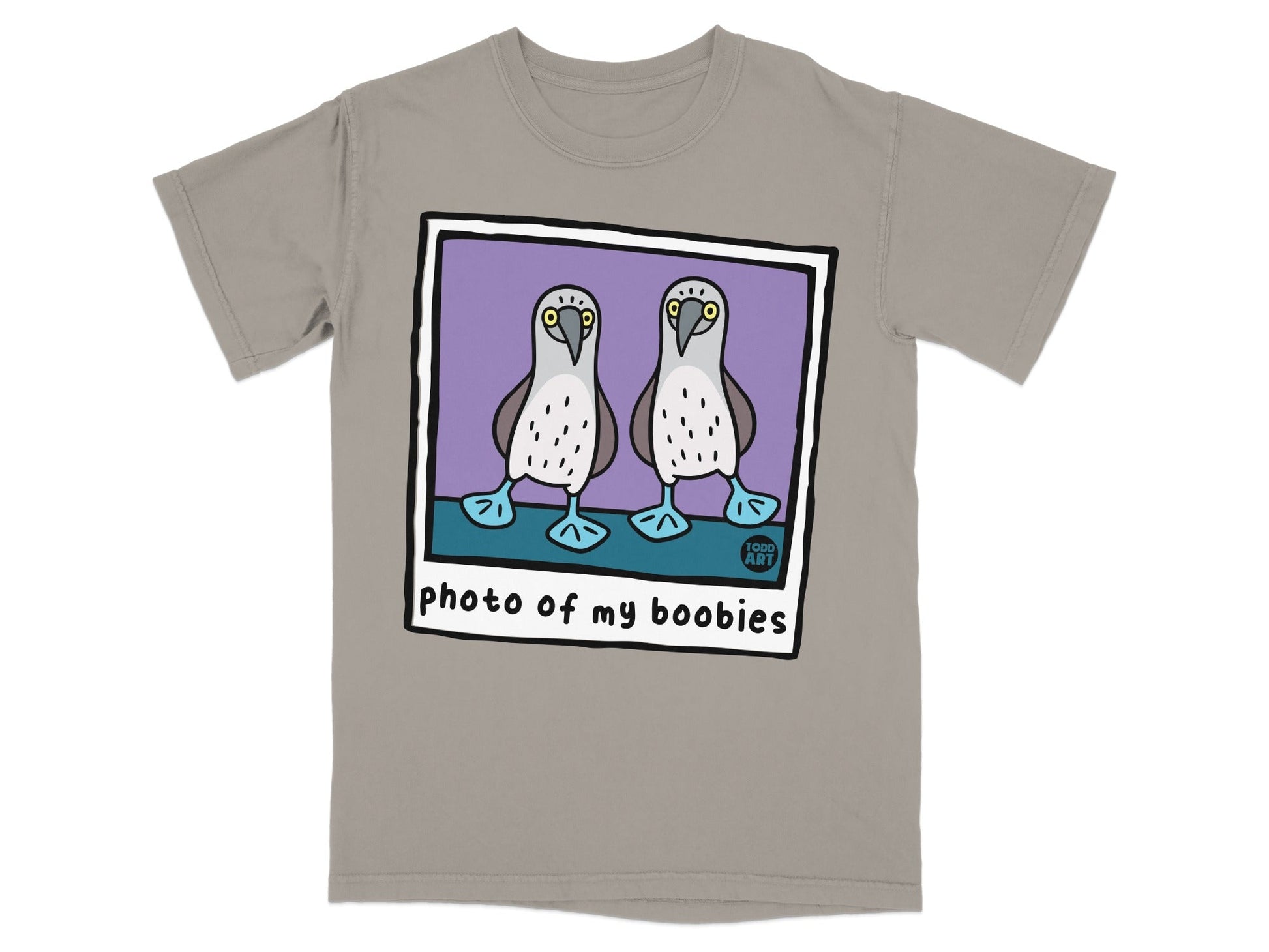T-shirt with illustration of two blue-footed boobies and text "photo of my boobies".