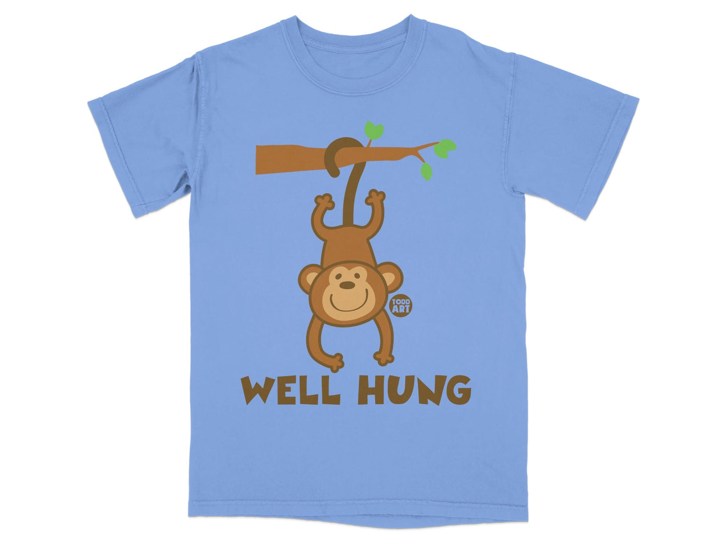 Light blue t-shirt with a cartoon monkey hanging from a branch, text reads "WELL HUNG".