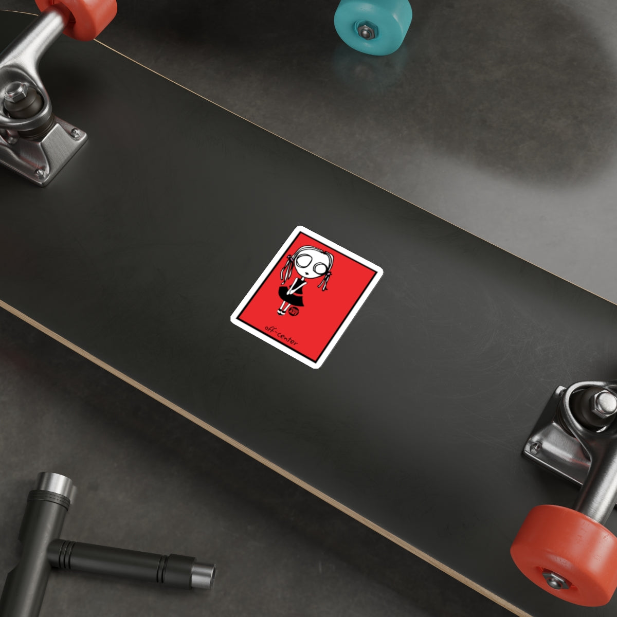 Off-Center Character Sticker for Skateboard Design