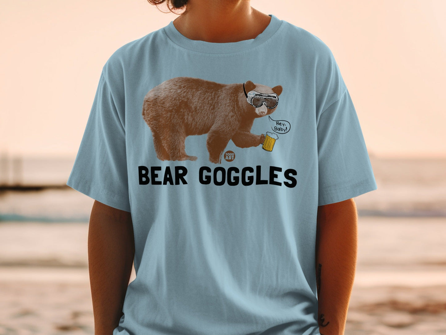 Funny Bear Goggles Hey Baby Beer Graphic T-shirt
