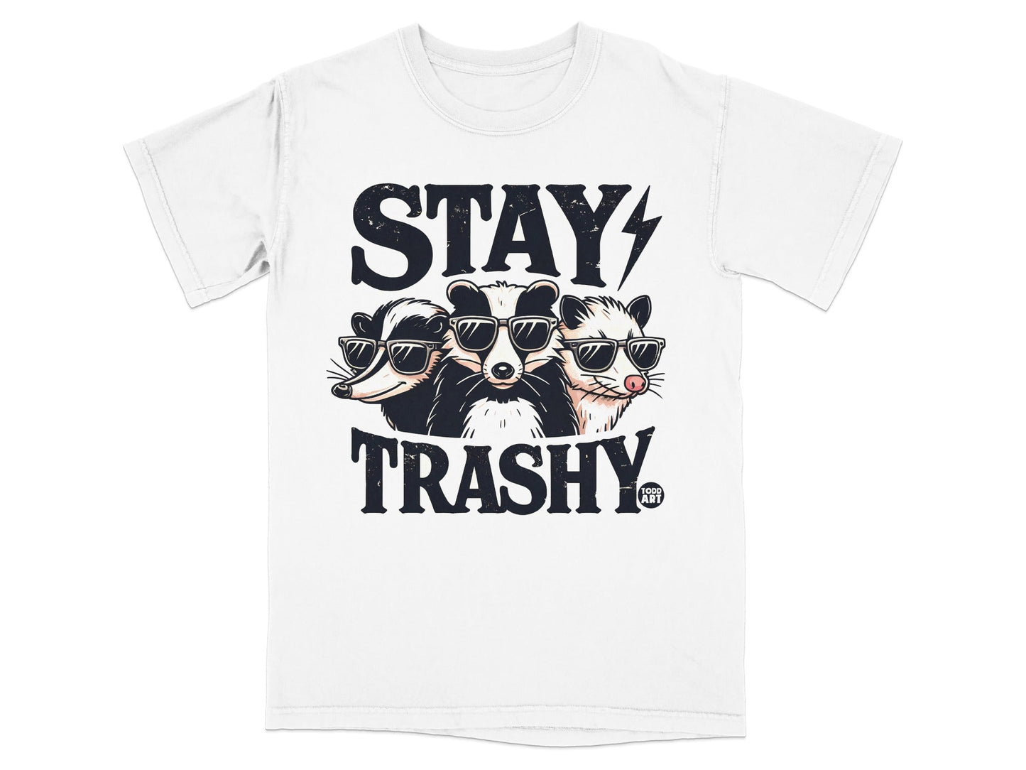 Three cartoon animals wearing sunglasses with "STAY TRASHY" text.