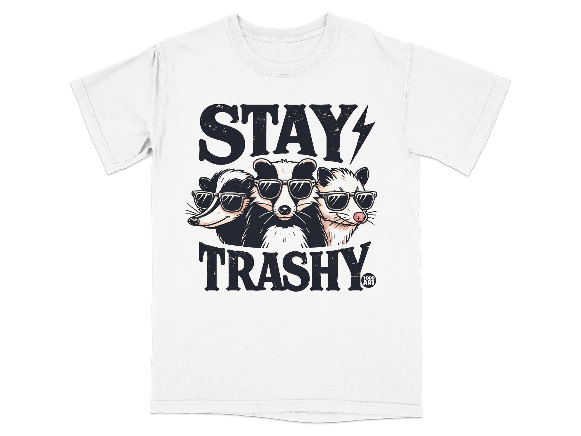 Three cartoon animals wearing sunglasses with "STAY TRASHY" text.