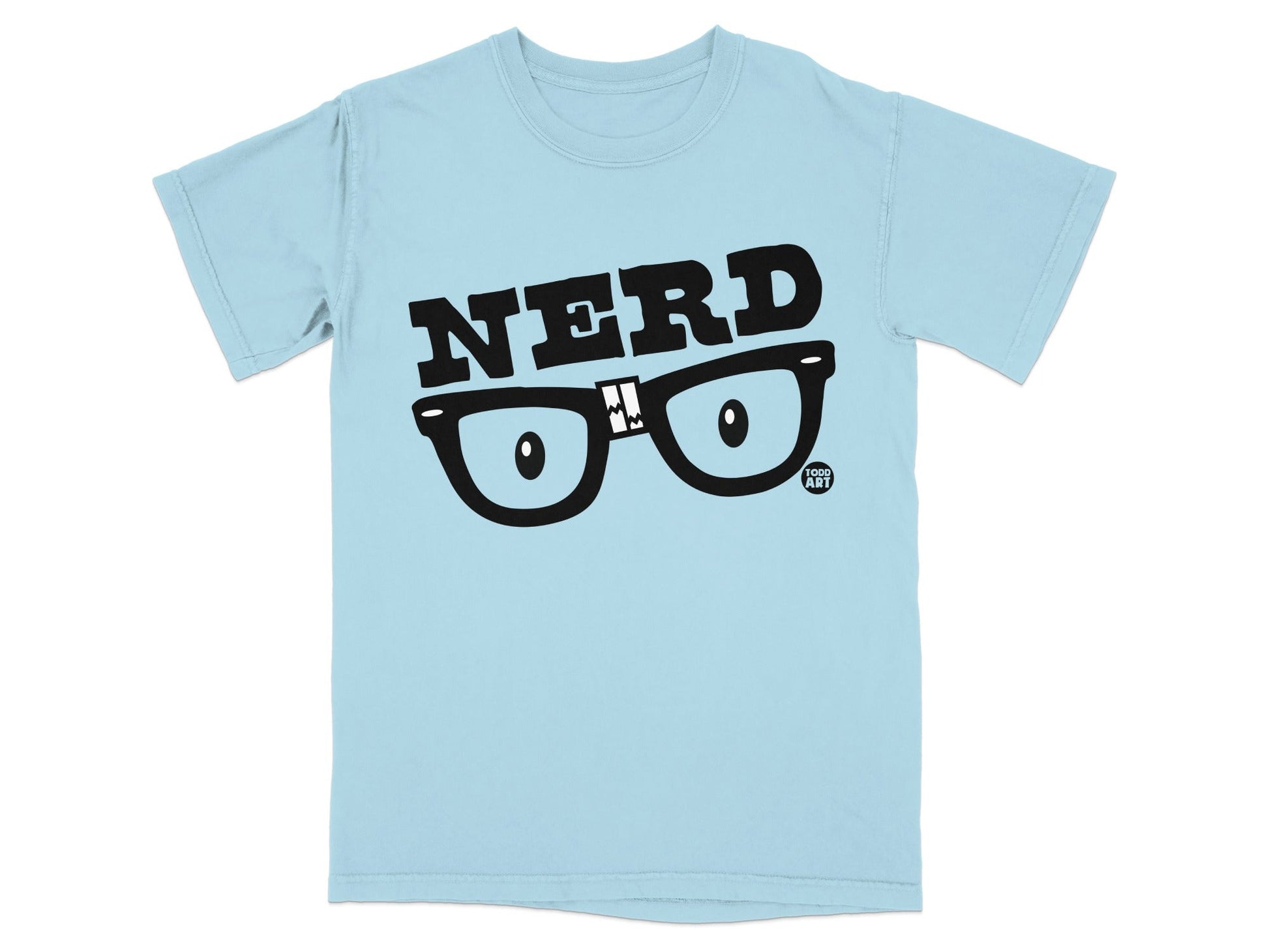 Light blue t-shirt with "NERD" text and cartoon eyeglasses.