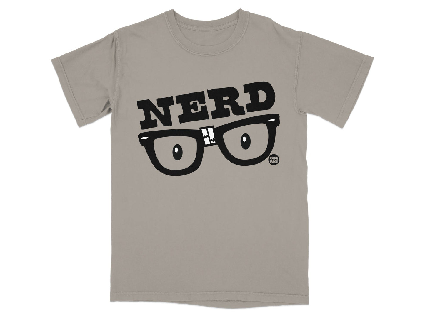 Gray t-shirt with bold "NERD" text and cartoon glasses graphic.