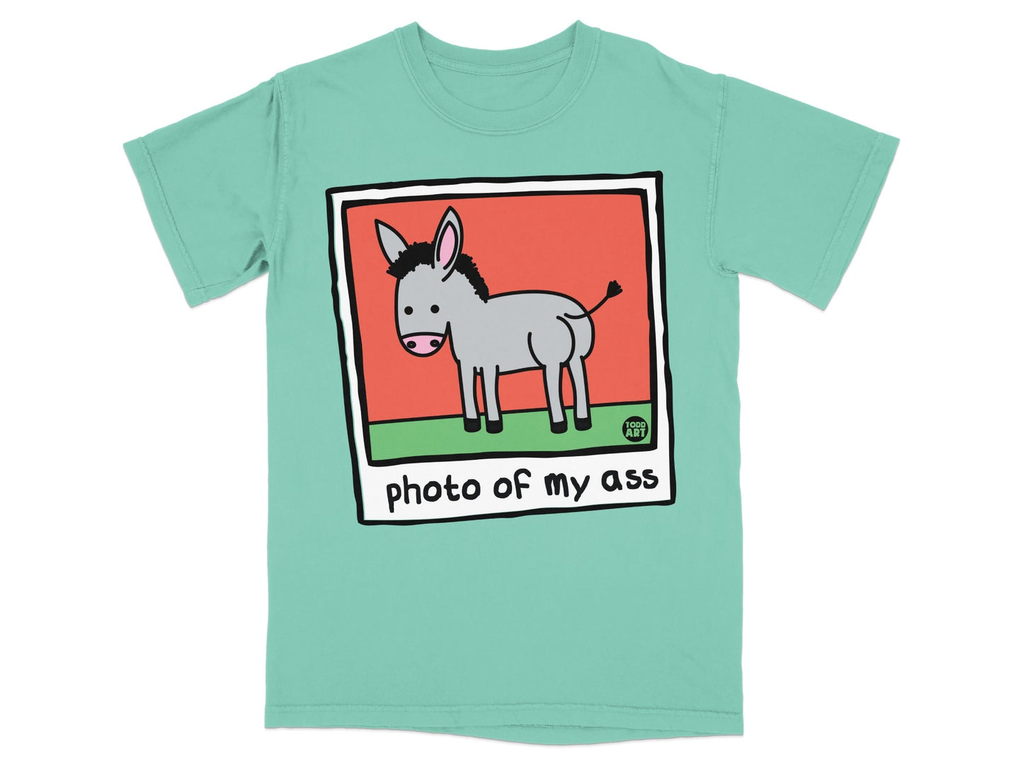 Teal t-shirt with a cartoon donkey in a polaroid frame.