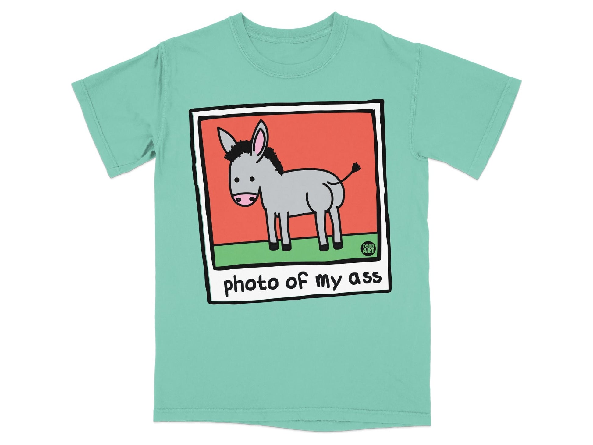 Teal t-shirt with a cartoon donkey in a polaroid frame.