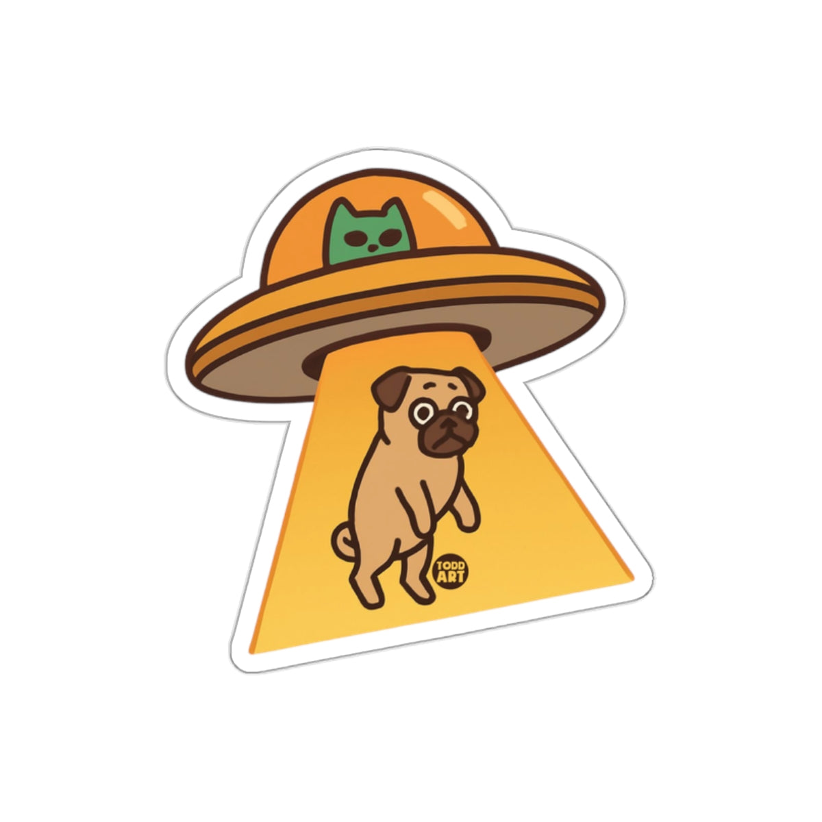 Abducted Pug Art With Alien UFO And Cat Pilot sticker