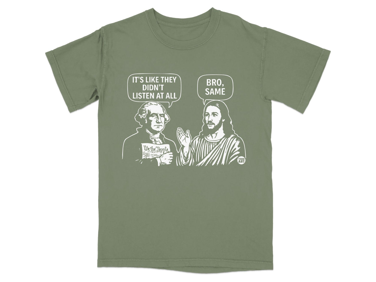 George Washington and Jesus talking about the Constitution, text above.