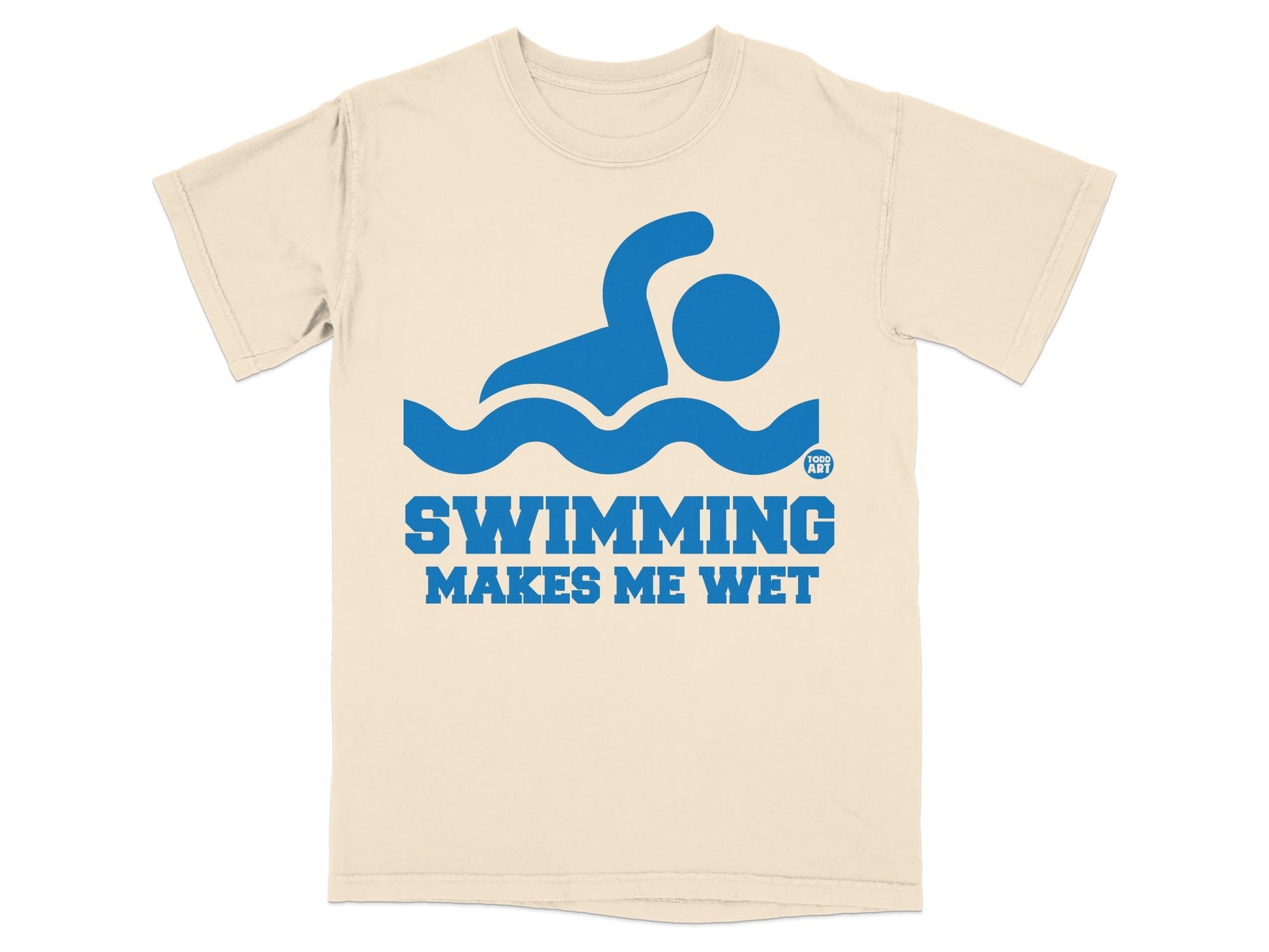 Cream t-shirt with blue graphic and text: "SWIMMING MAKES ME WET".