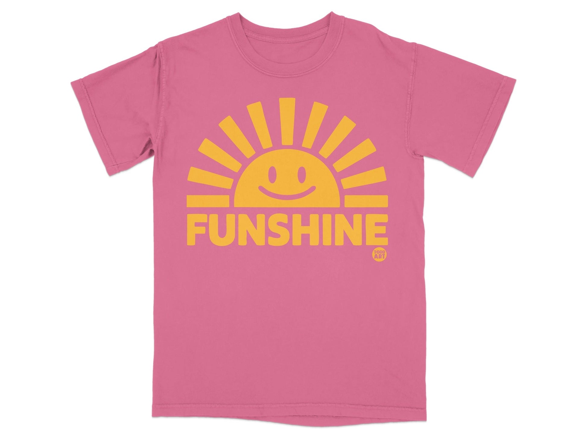 Pink t-shirt with yellow sun graphic and "FUNSHINE" text.