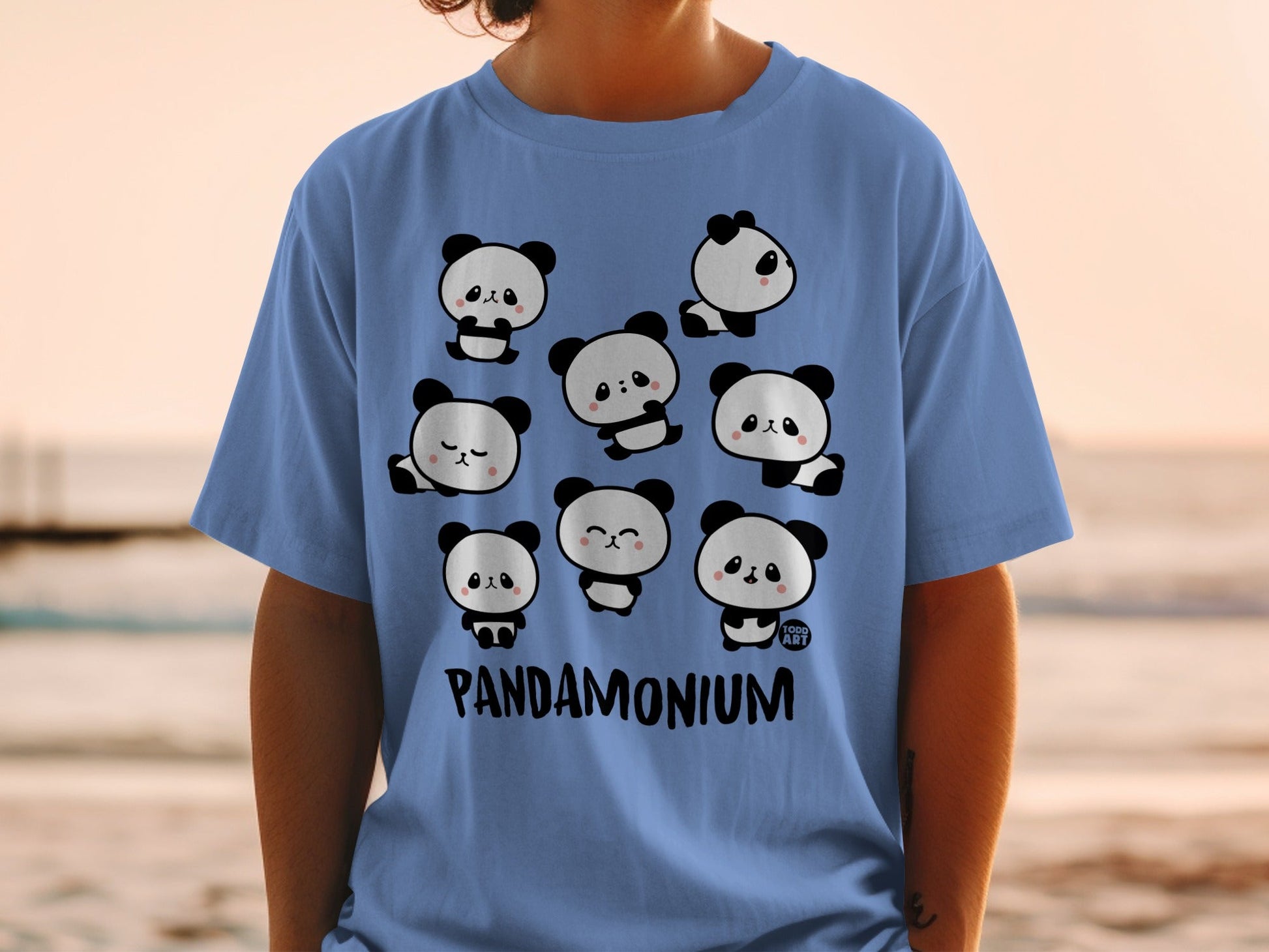 Cute Pandamonium Design Graphic Blue T-shirt