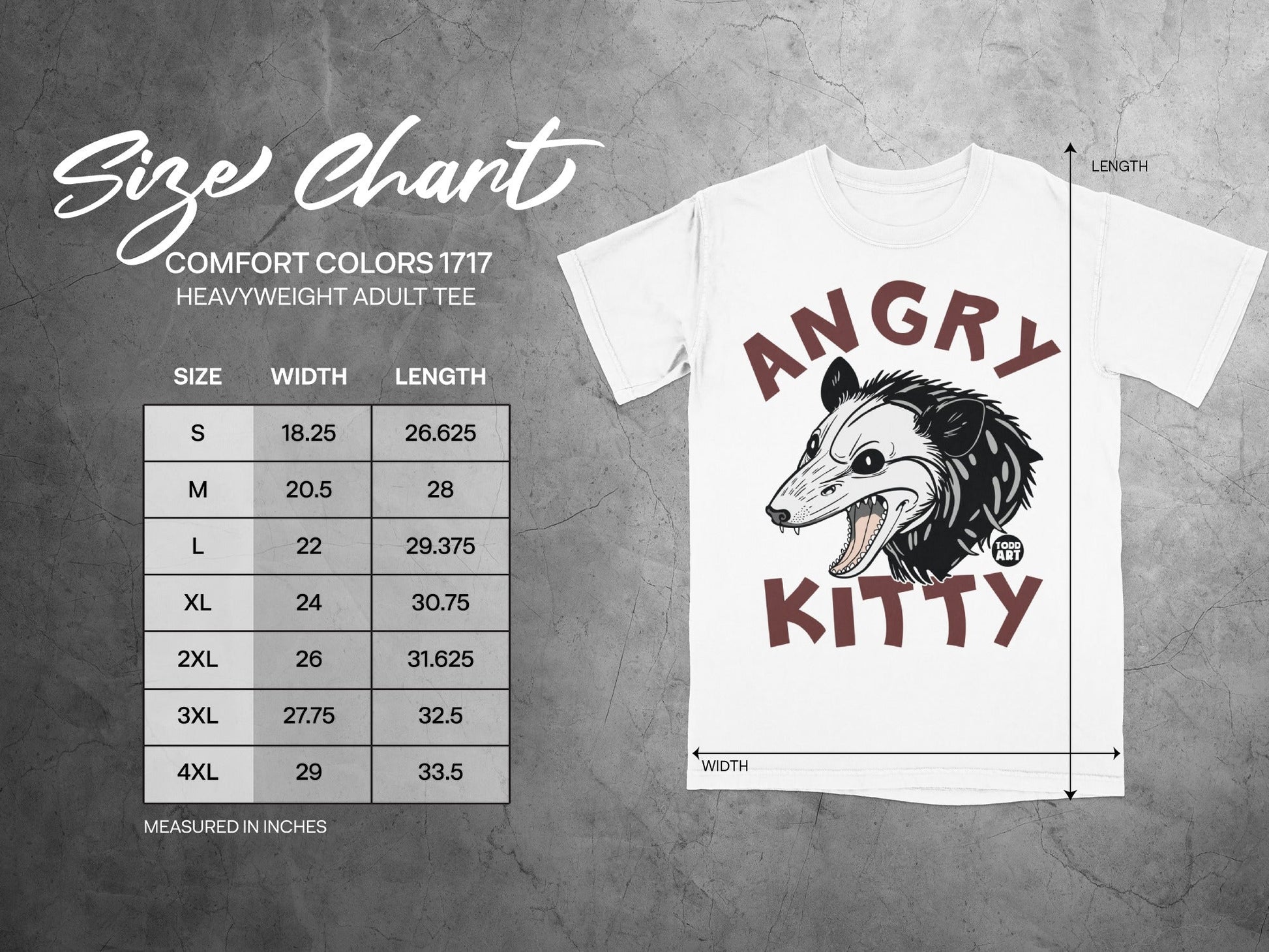 Comfort Colors 1717 size chart for heavyweight adult tee, with measurements.