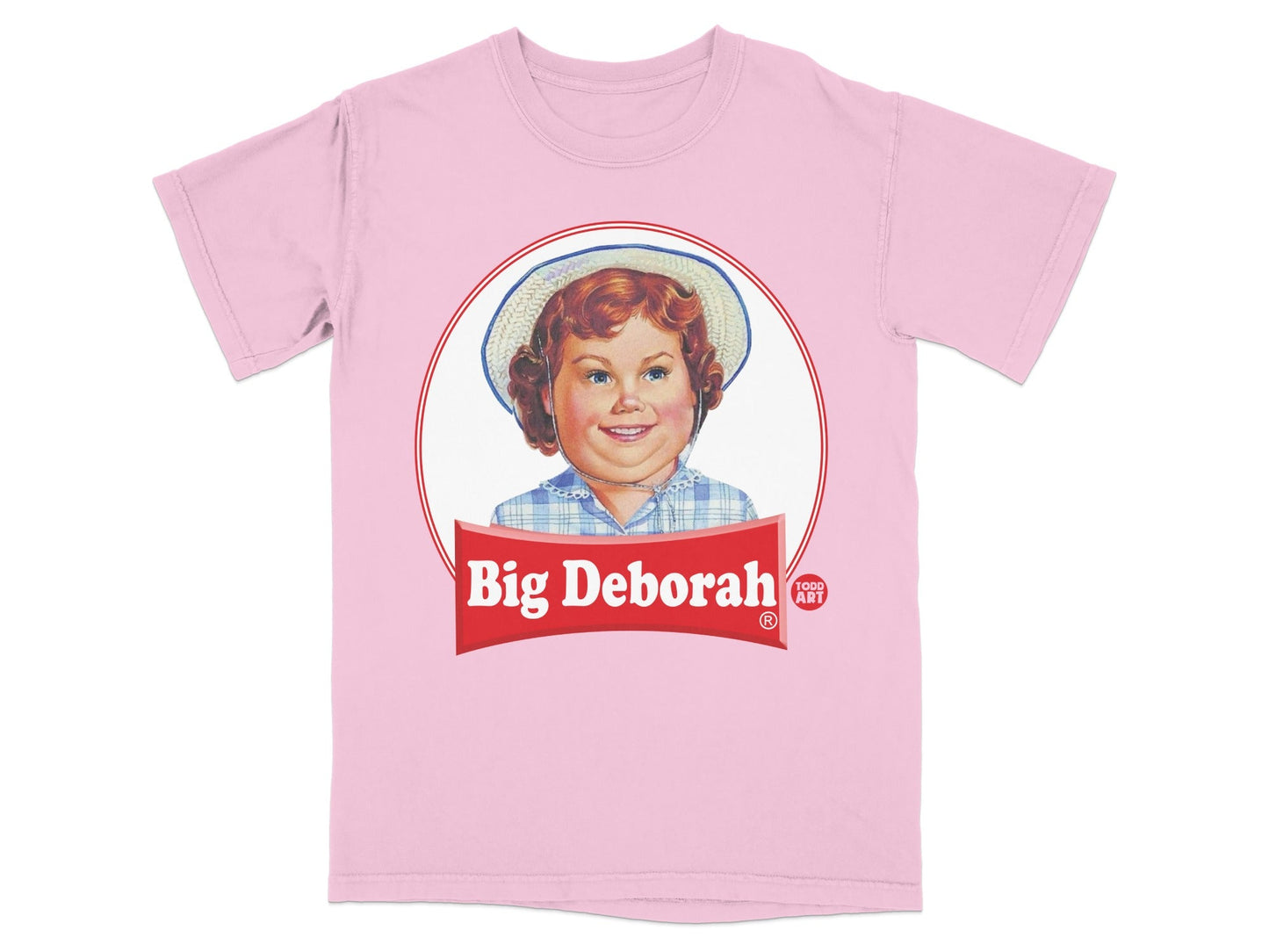 Pink t-shirt with "Big Deborah 1000 ART" logo featuring a girl's portrait.