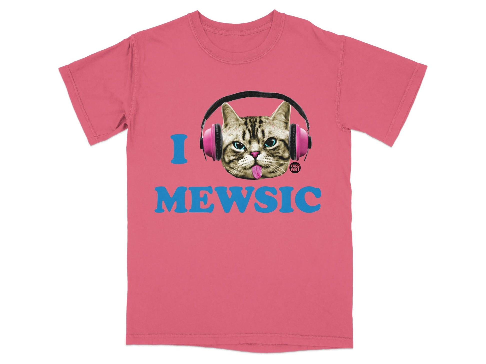 Pink t-shirt with a cat wearing headphones and "MEWSIC" text.