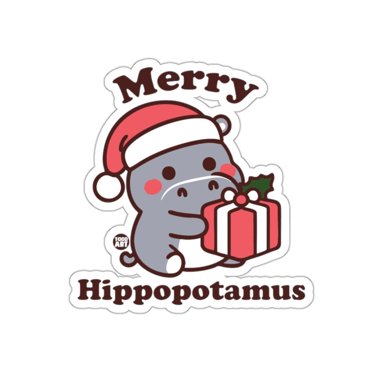 Merry Hippopotamus Sticker with Santa Hat and Gift