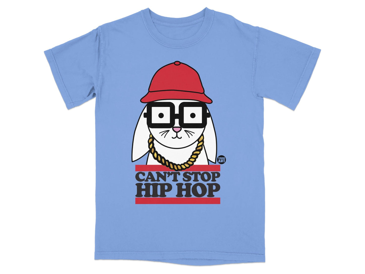 Blue t-shirt with a rabbit wearing a red hat, glasses, and gold chain.