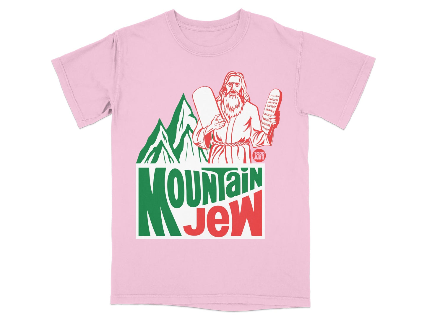 Pink t-shirt with "Mountain Jew" logo featuring Moses holding tablets.