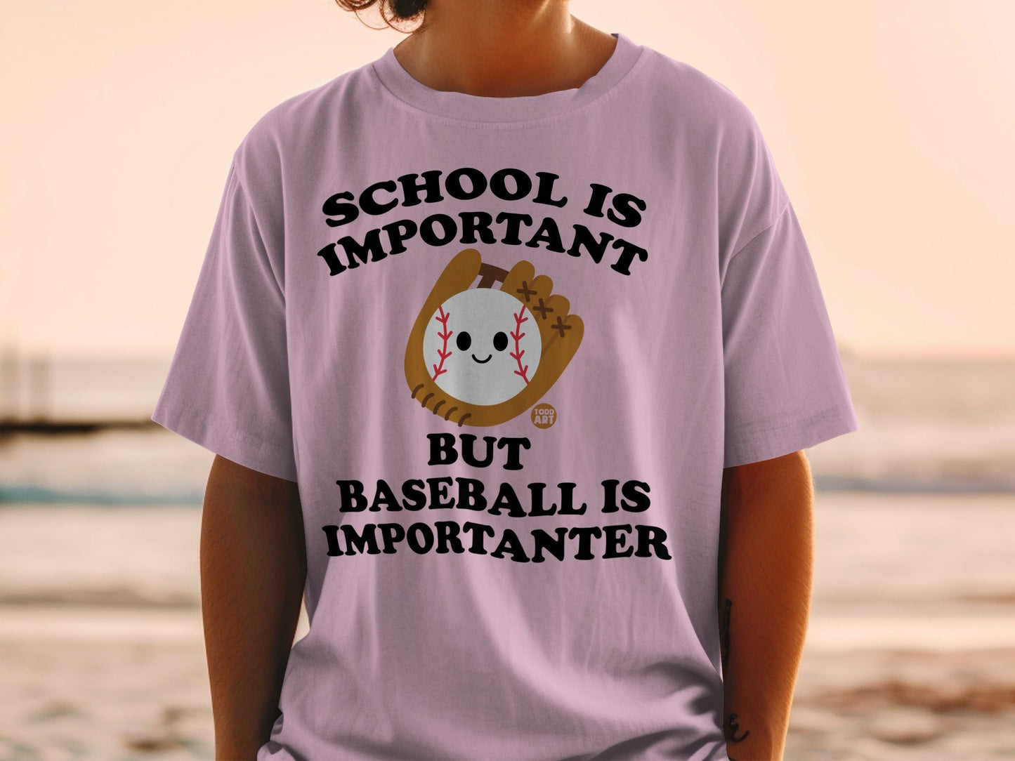 Baseball shirt with text "SCHOOL IS IMPORTANT BUT BASEBALL IS IMPORTANTER".