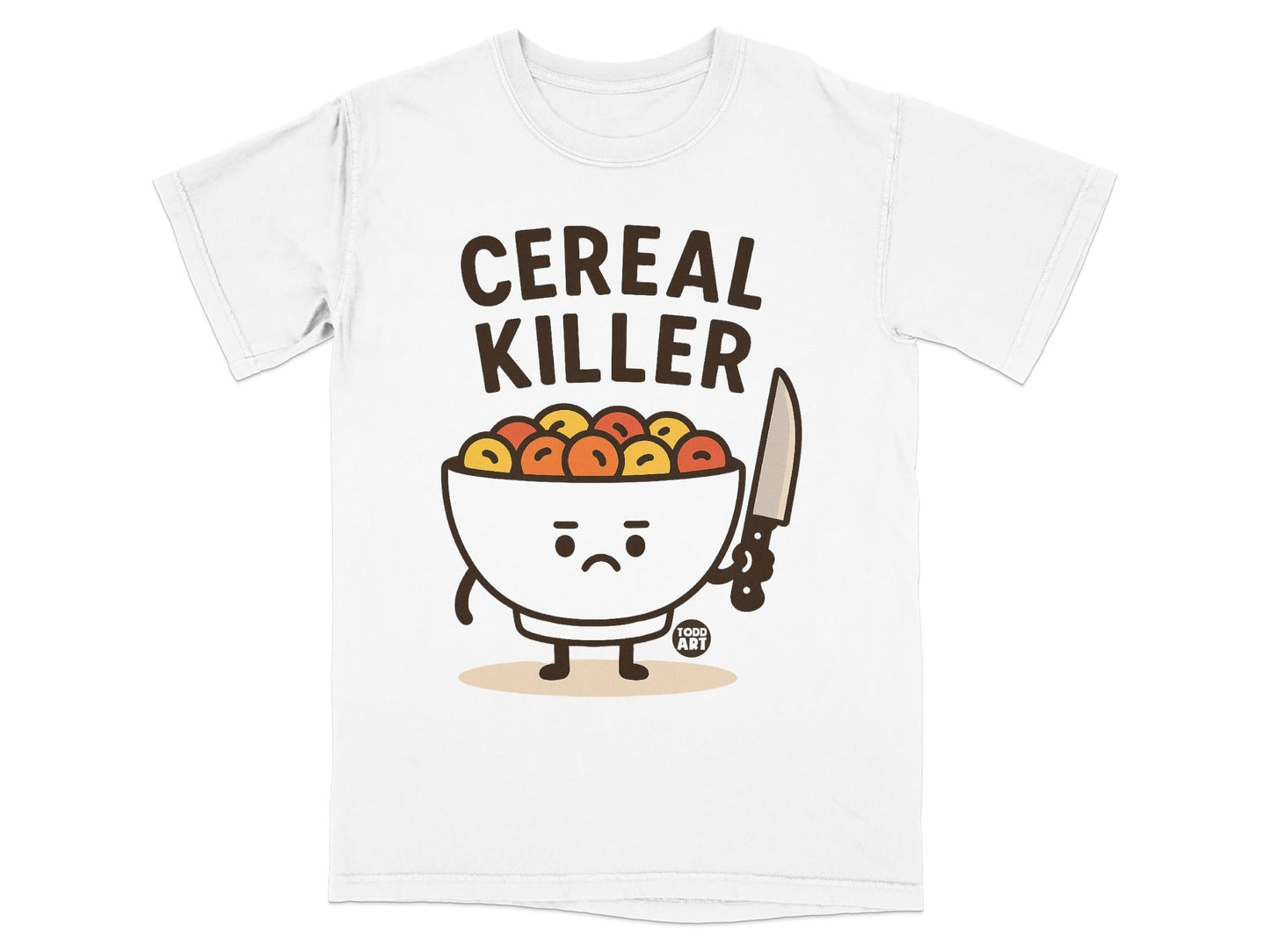 Funny Cereal Killer Cartoon Print White T-Shirt