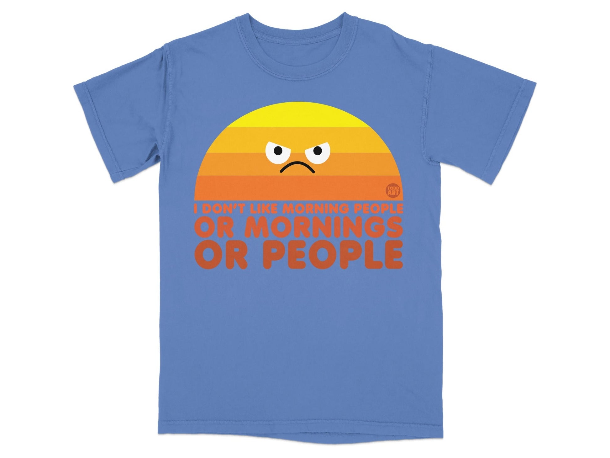 Blue t-shirt with a grumpy sun graphic and orange text.