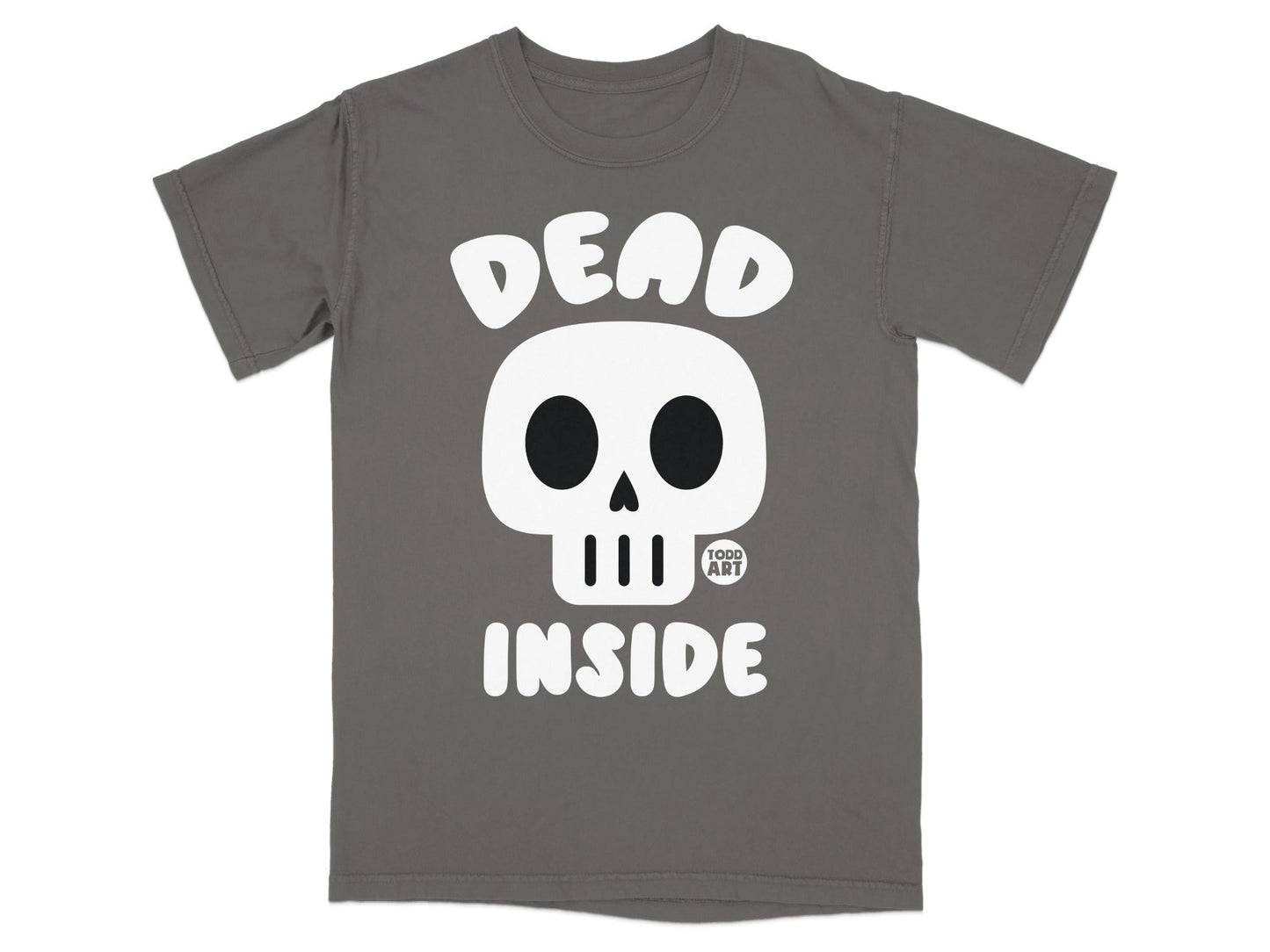 Gray t-shirt with a white skull and "DEAD INSIDE" text.